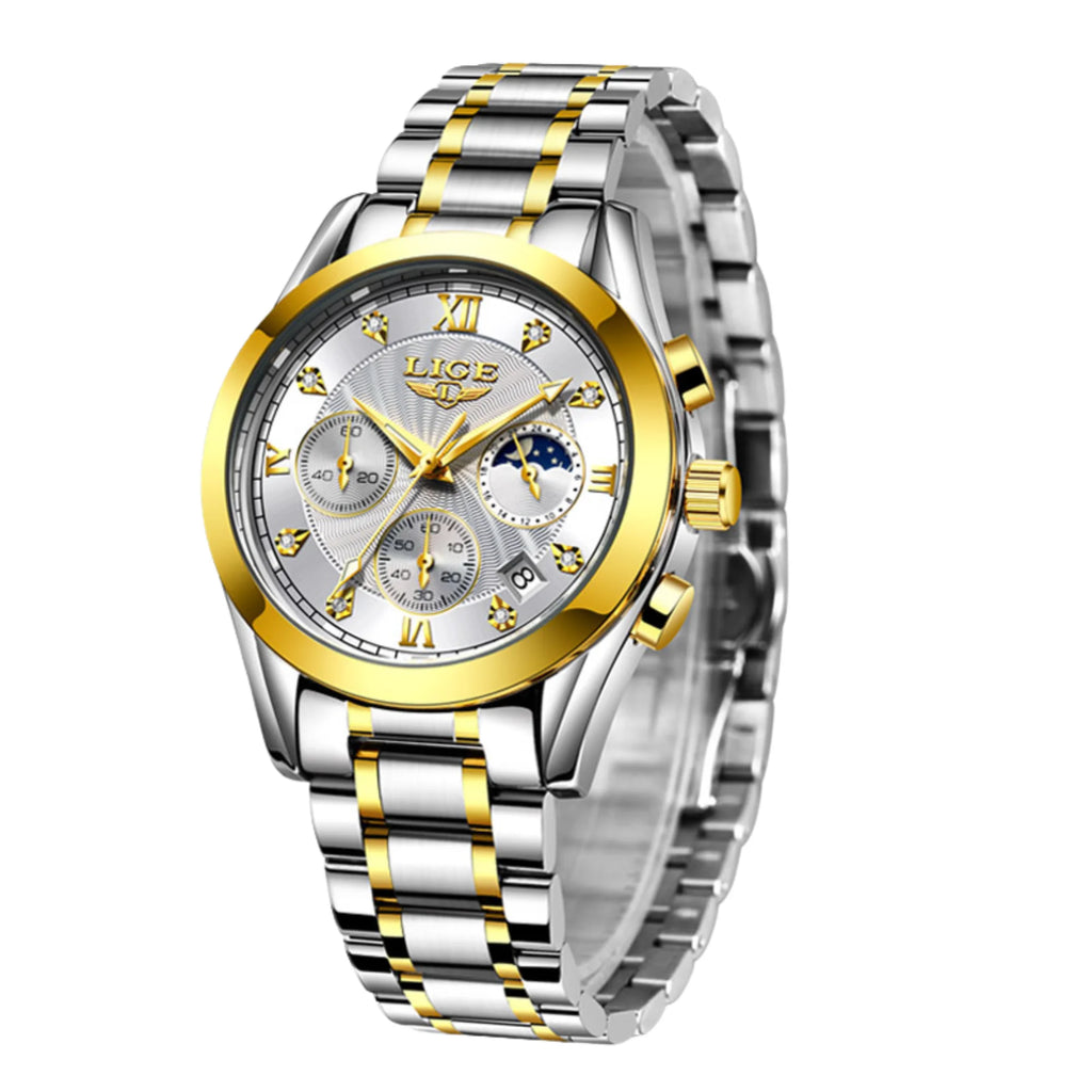 Zweifarbige Damenuhr in Silber-Gold – getragen