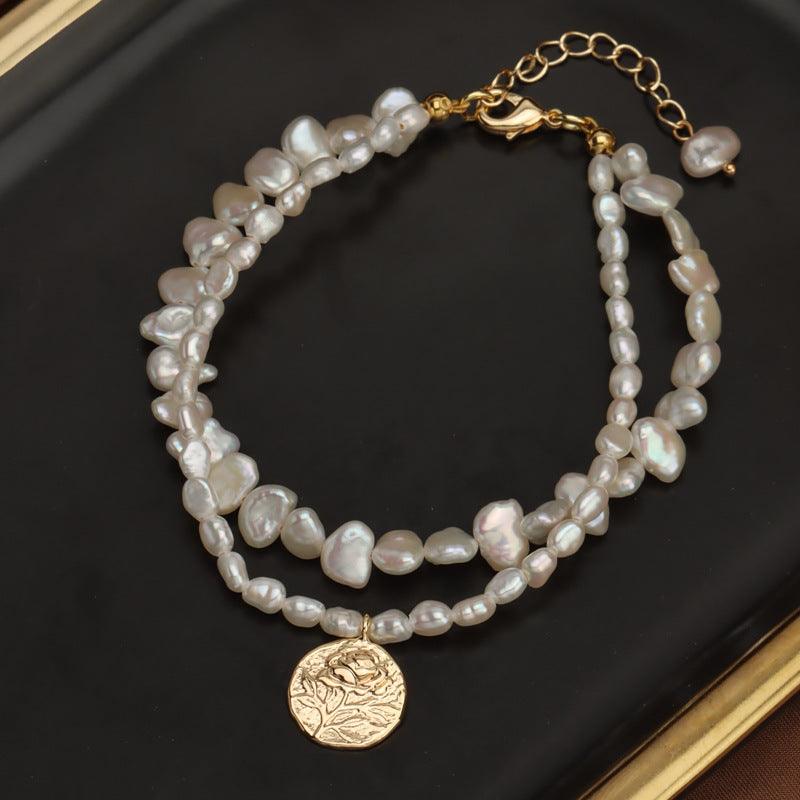 Embossed Coin Natural Freshwater Pearl Bracelet