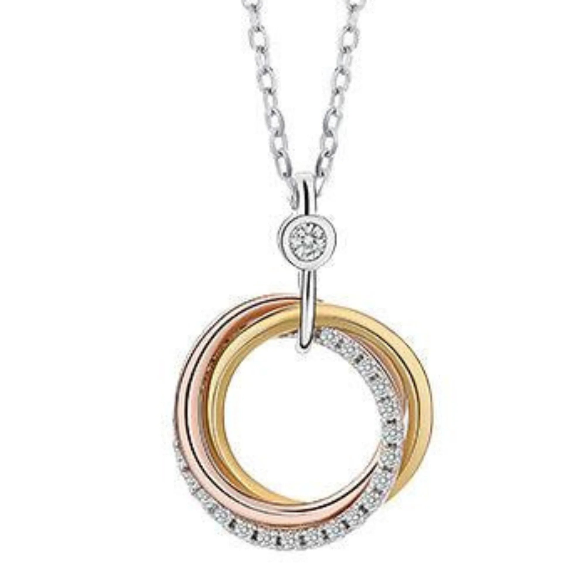 Getragene Kette mit drei verschlungenen Ringen – Silber, Gold und Roségold, mit Bedeutung und Glanz