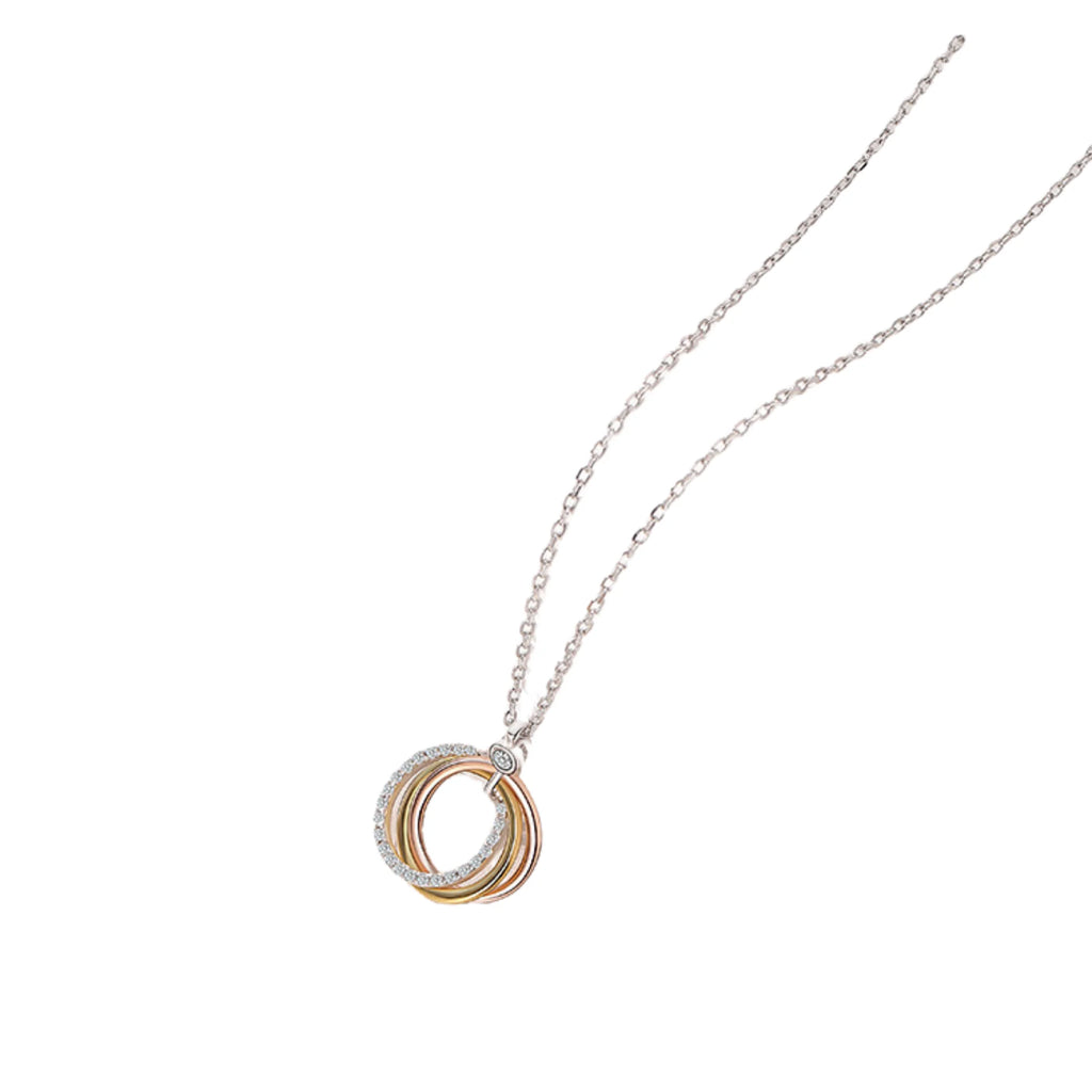 Dreifarbige Ringkette aus 925 Silber – Ringe in Silber, Gold und Rosé, beweglich verbunden mit Zirkoniadetail