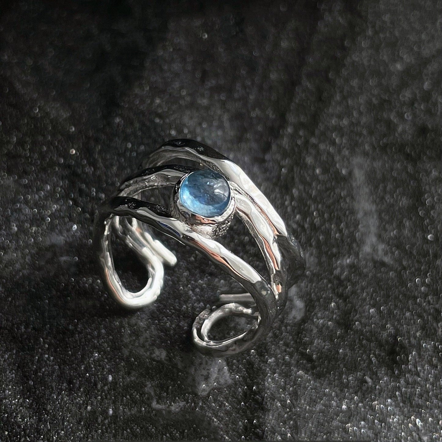 S925 Silver Three-layer Irregular Blue Ring