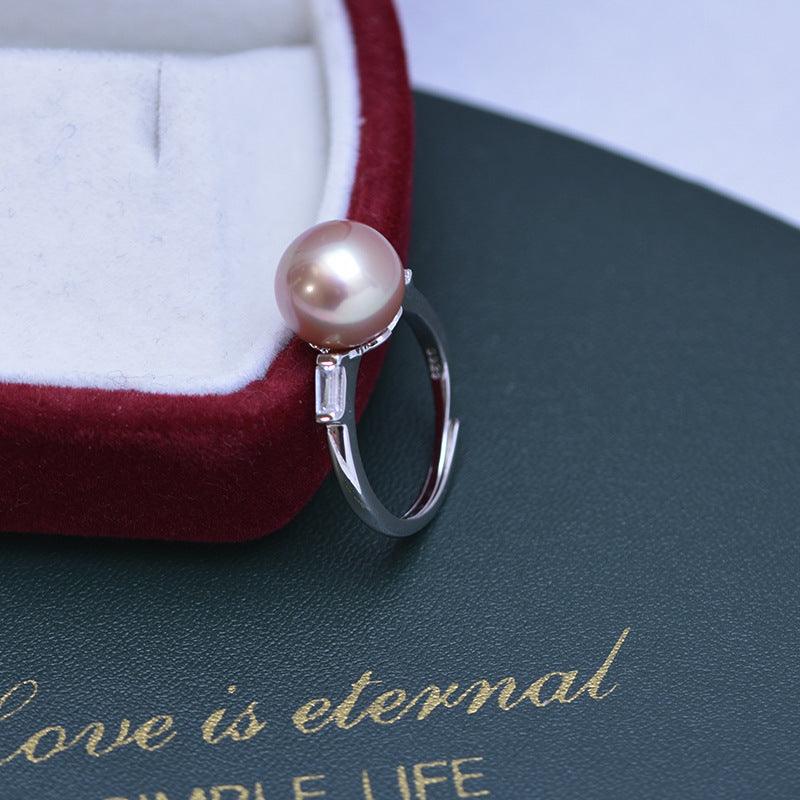 Freshwater 10-11mm White Perfect Circle Pearl Ring Female S925 Silver Simple Opening