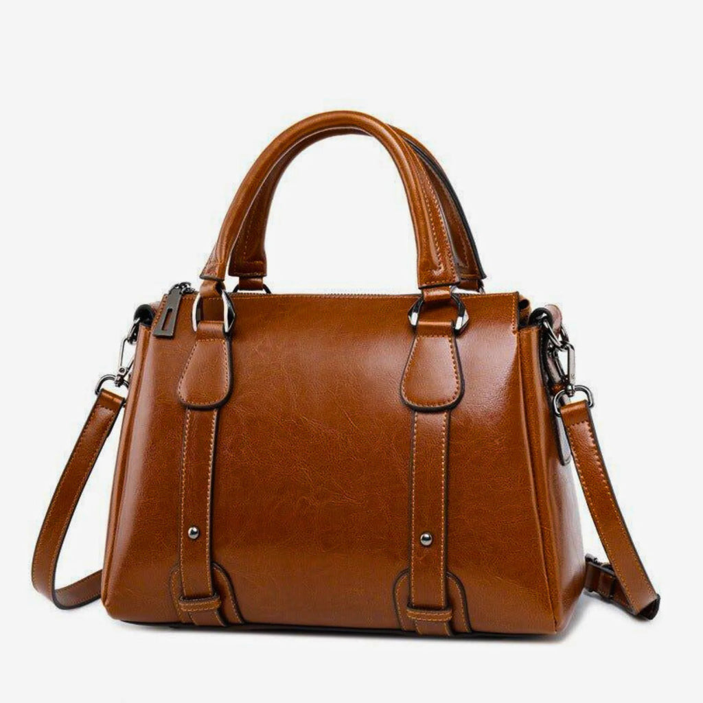 Echtleder-Handtasche mit Kissenform in warmem Cognac – für Büro und Alltag