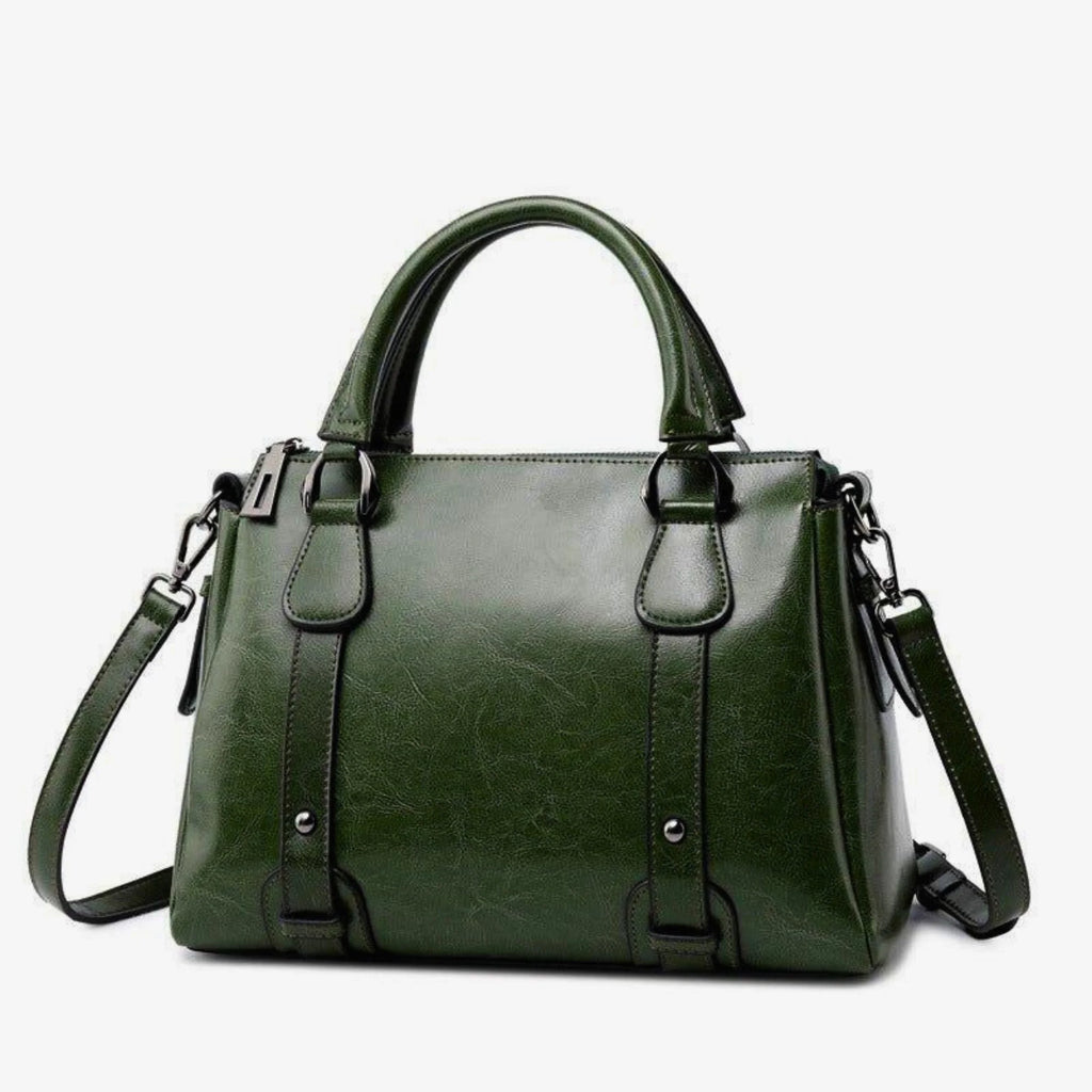 Damen Handtasche aus Echtleder in dunklem Armeegrün – kompakt, formstabil, mit Schultergurt
