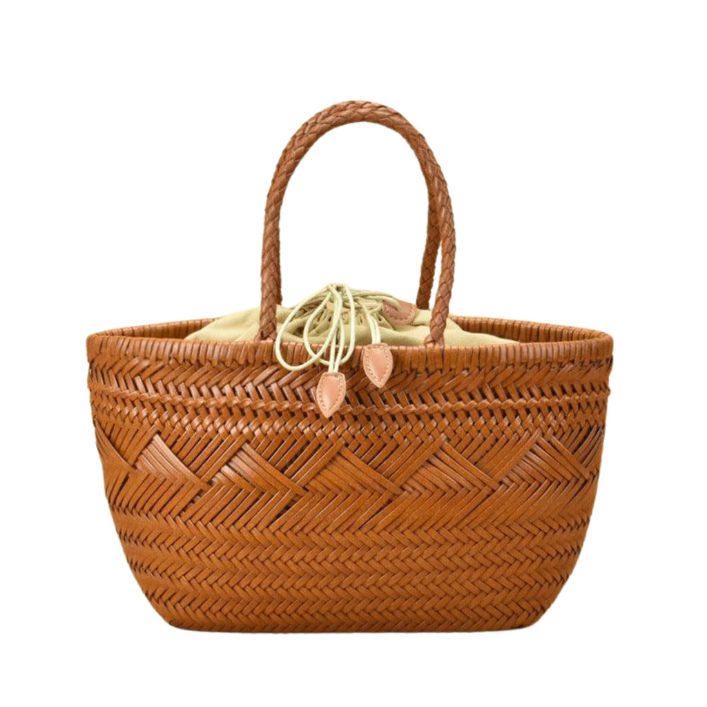 Handgeflochtene Echtledertasche in Terracotta Braun mit Stoffeinsatz aus Baumwolle, frontal fotografiert