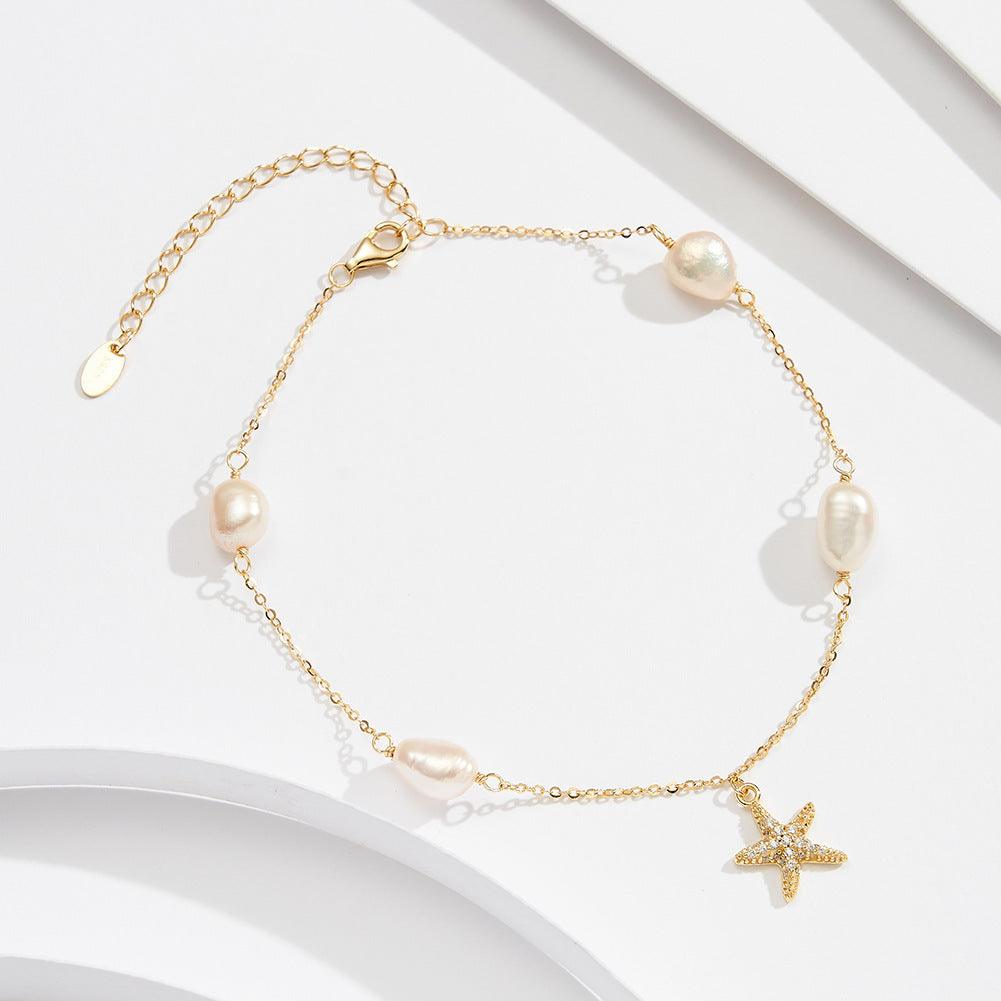 S925 Sterling Silver Beach Style Pearl Five-pointed Star Pendant Anklet