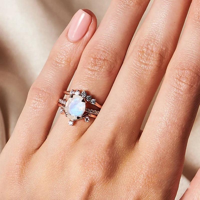 Sterling Silver Multilayer Moonstone Rose Gold Ring Women