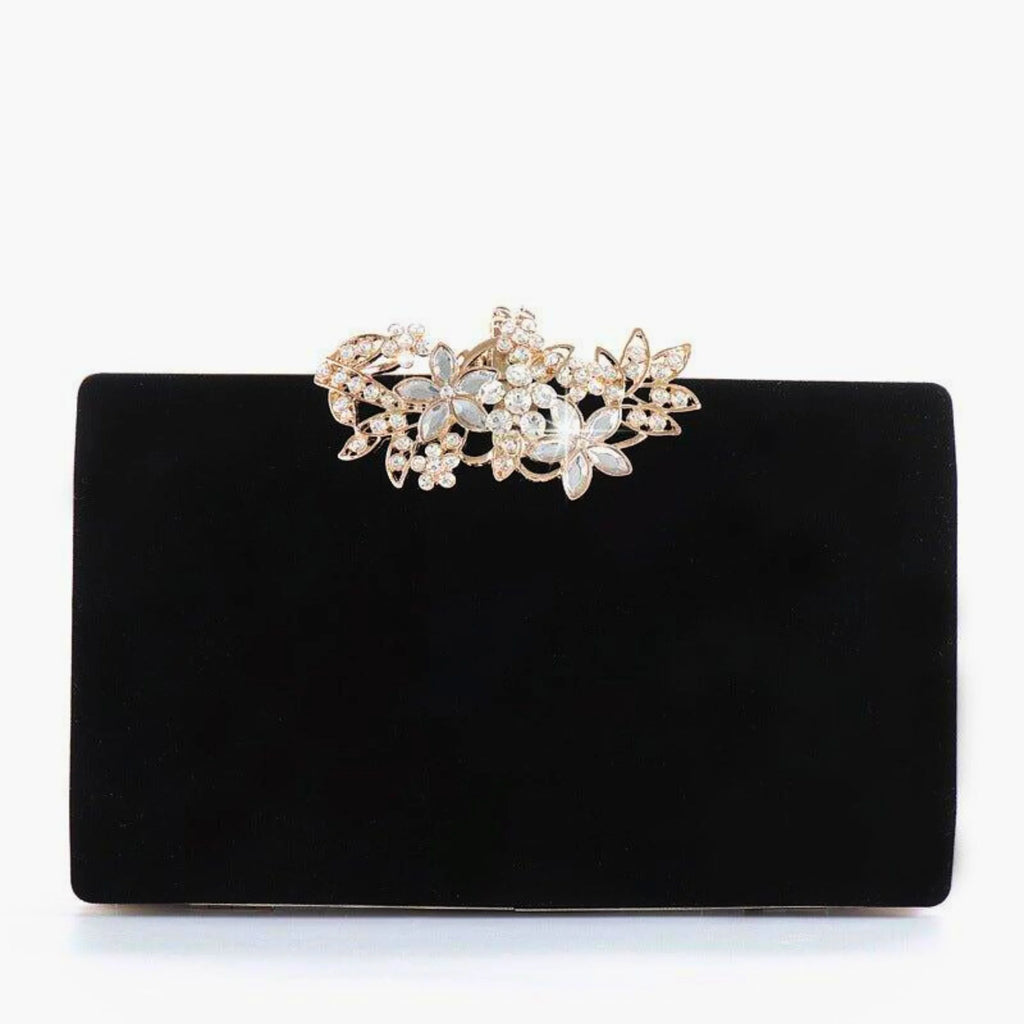 Kompakte Clutch in Schwarz – florale Gold-Strassschliesse auf Samt, ideal für Dinner und Gala