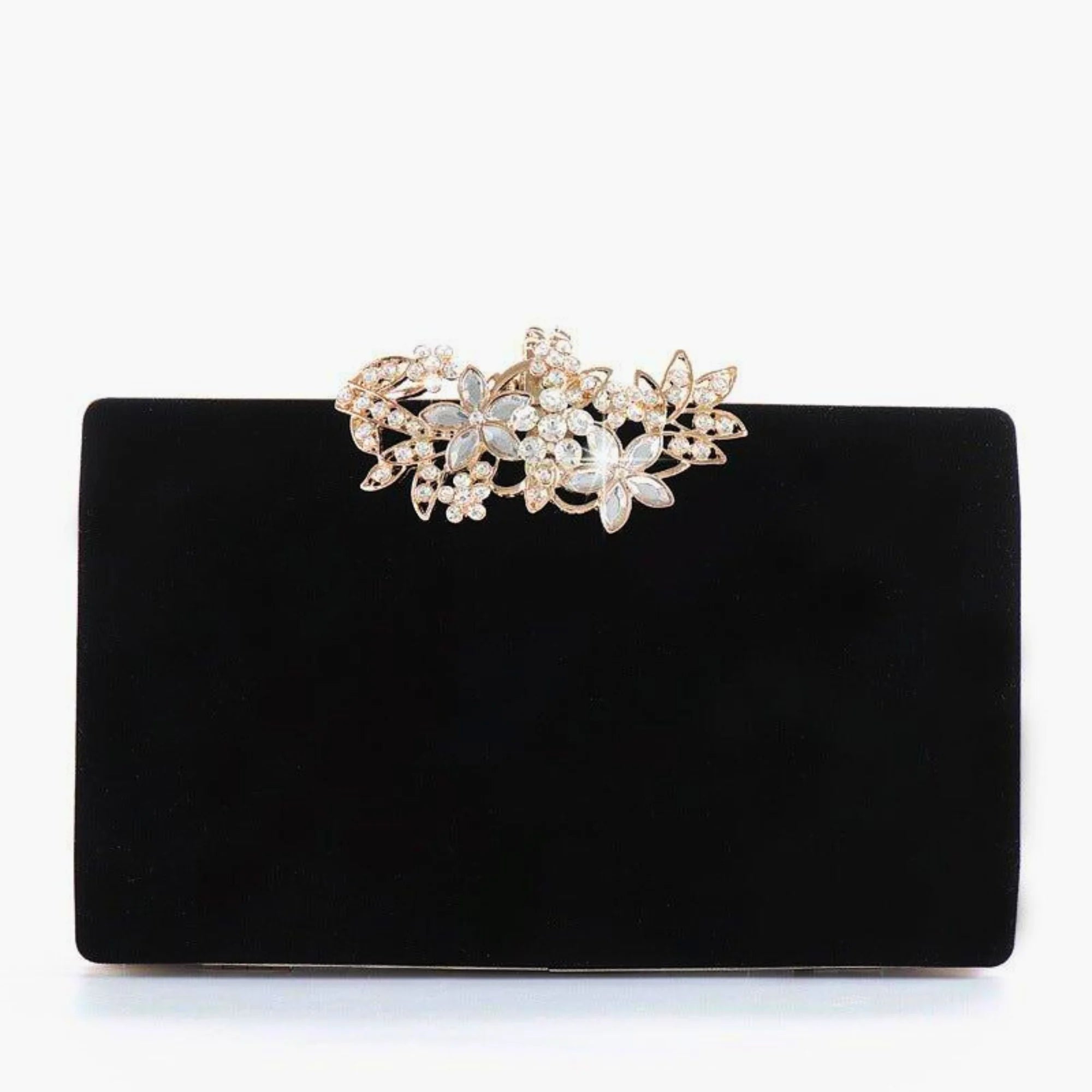 Kompakte Clutch in Schwarz – florale Gold-Strassschliesse auf Samt, ideal für Dinner und Gala