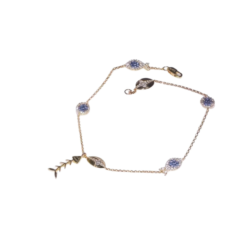 Fusskettchen Fisch 18K vergoldet – blaue Zirkonia-Details