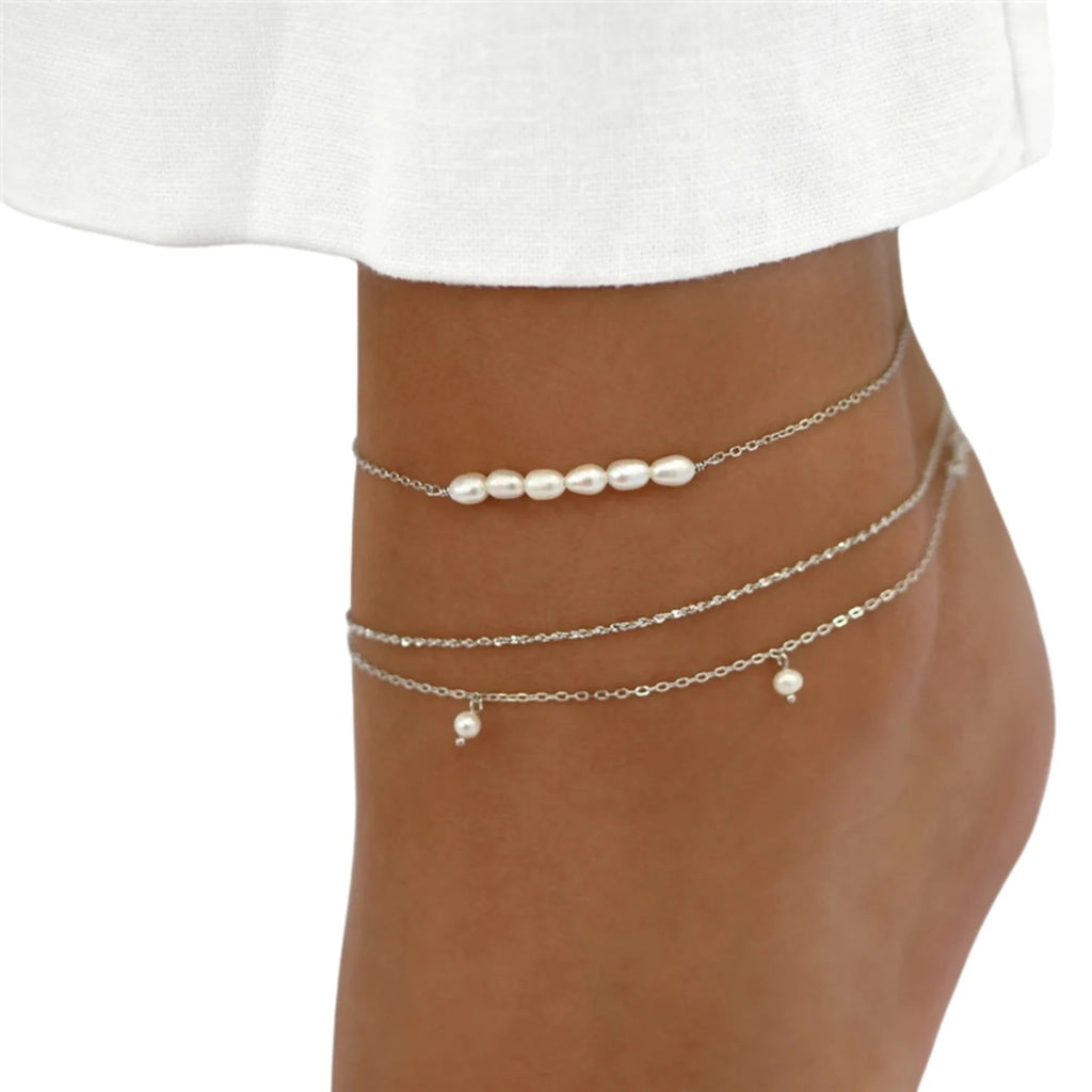 Fusskettchen Silber Perlen Damen – mehrlagig mit Süsswasserperlen