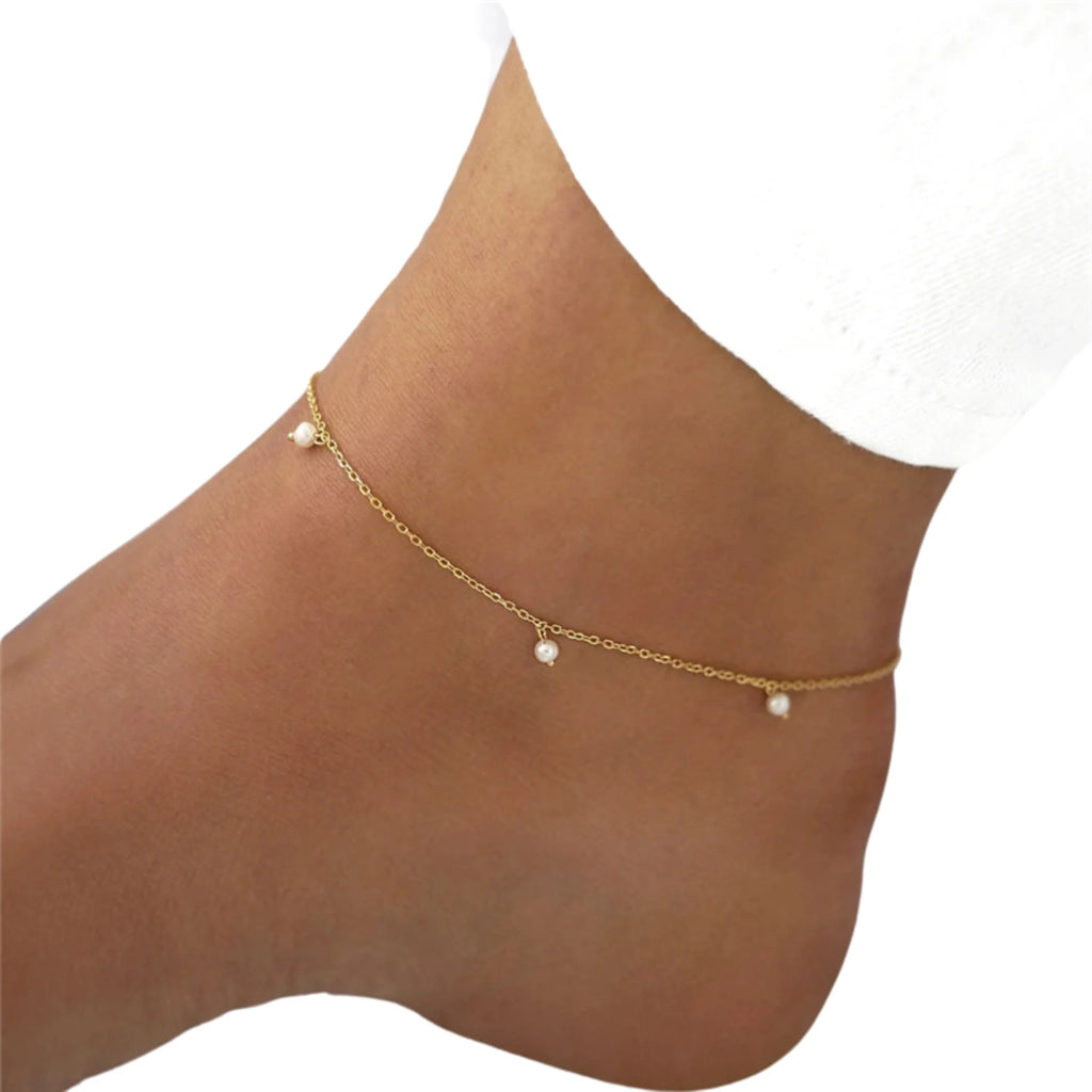 Minimalistisches Fusskettchen 925 Silber – doppelte Linie mit Perlen