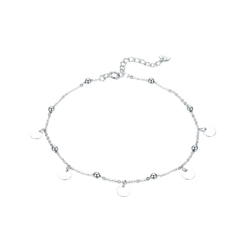 Fusskettchen 925 Silber Damen – Kugeln und Plättchen, matt weissgold plattiert