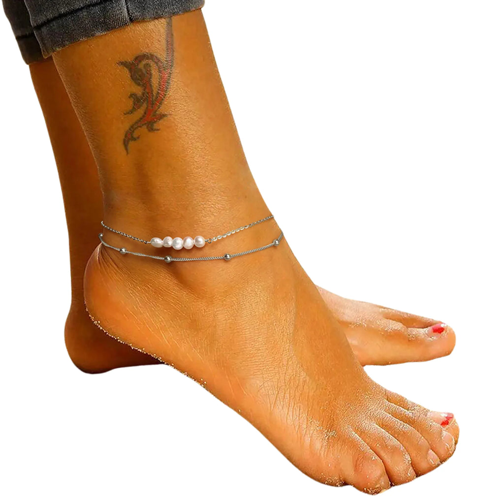 Fusskette aus 925 Silber mit Süsswasserperlen und Kugelgliederung – getragen, sichtbar, ohne Gravur