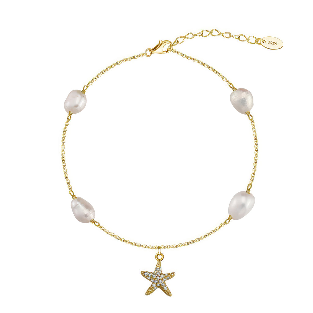 Fusskettchen 925 Sterling Silber Damen platinveredelt mit Stern und Perlen