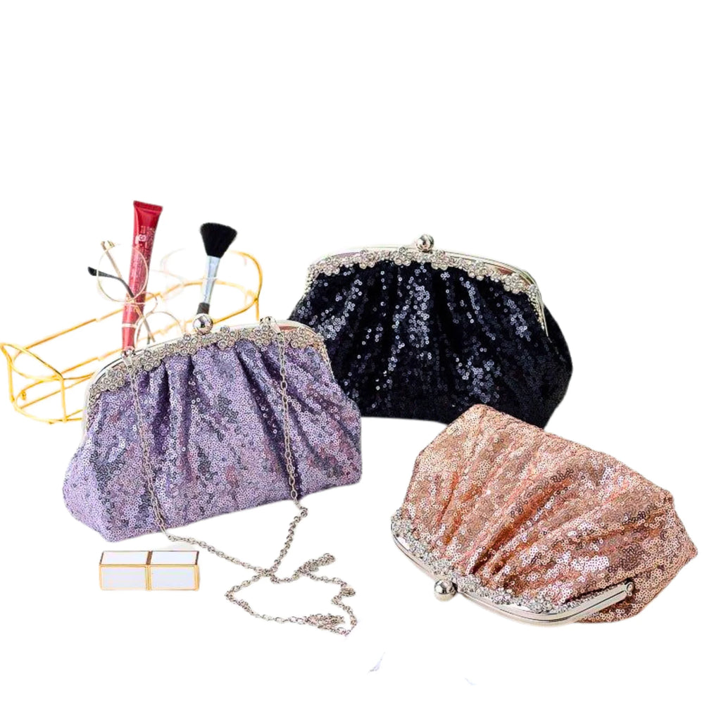 Glitzer-Clutch Set in Noir Sparkle, Rose Shine und Lilac Glow – Paillettenstruktur und klassischer Kugelverschluss