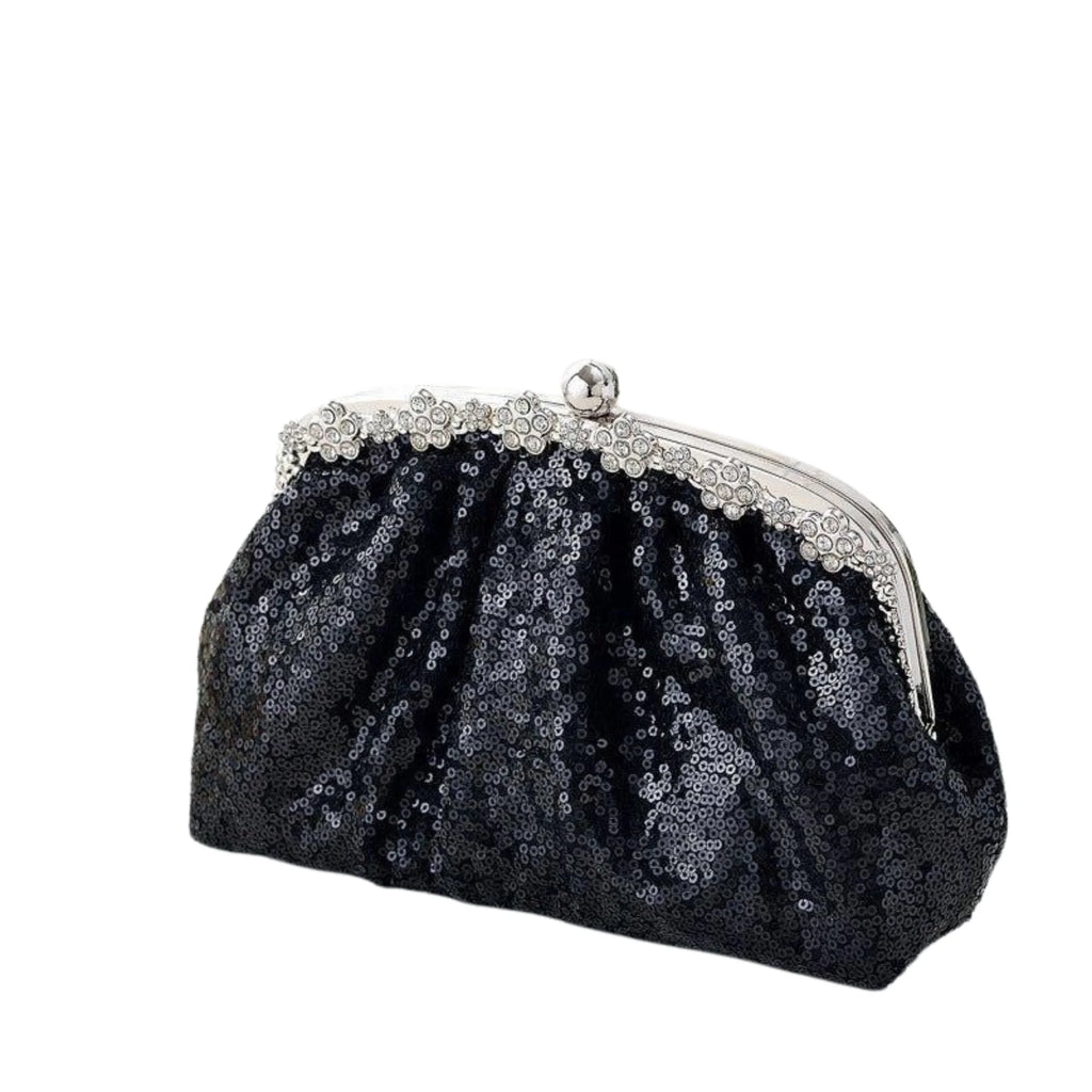 Klassische Glitzerclutch in Noir Sparkle – metallischer Kugelverschluss und dezenter Glanz für Abendlooks