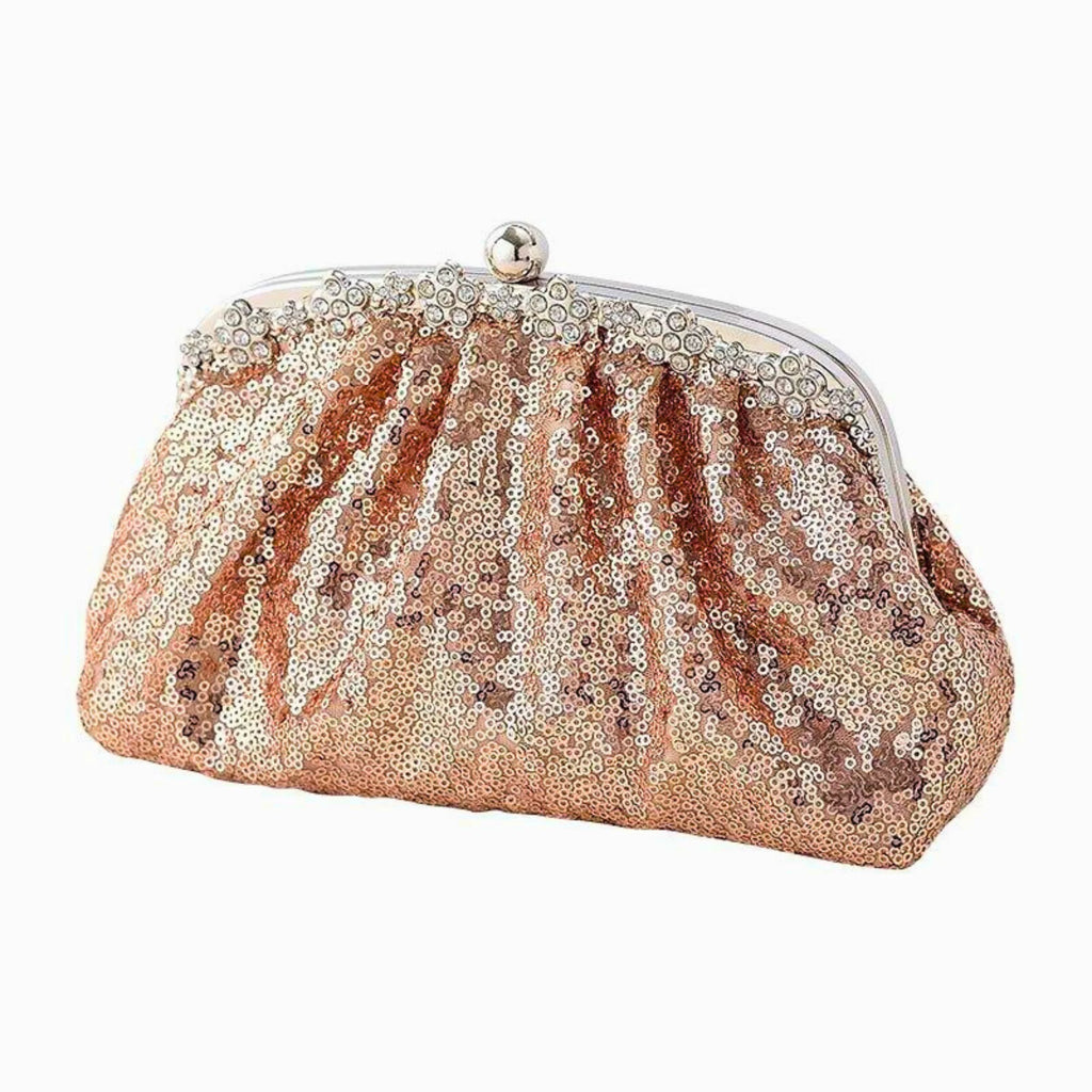 Kompakte Dumpling-Clutch in Rose Shine – Glitzerbesatz mit silberner Metallfassung und floraler Verzierung