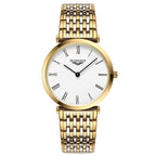 Zweifarbige Uhr mit gold-silbernem Gliederarmband und schlichtem weißen Zifferblatt.