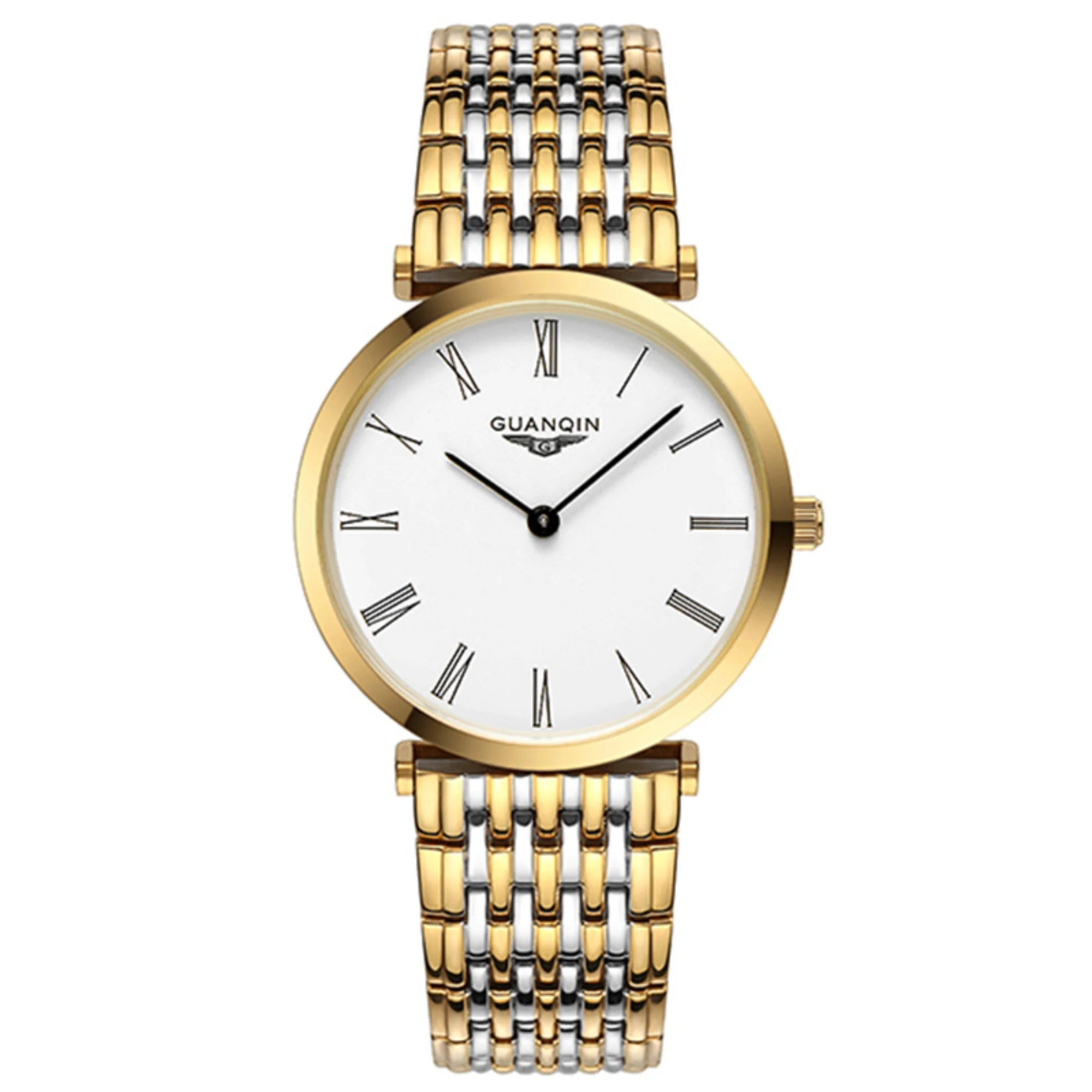 Zweifarbige Uhr mit gold-silbernem Gliederarmband und schlichtem weißen Zifferblatt.