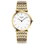 Uhr mit gold-silbernem Armband und weißen Zifferblatt mit römischen Zahlen.