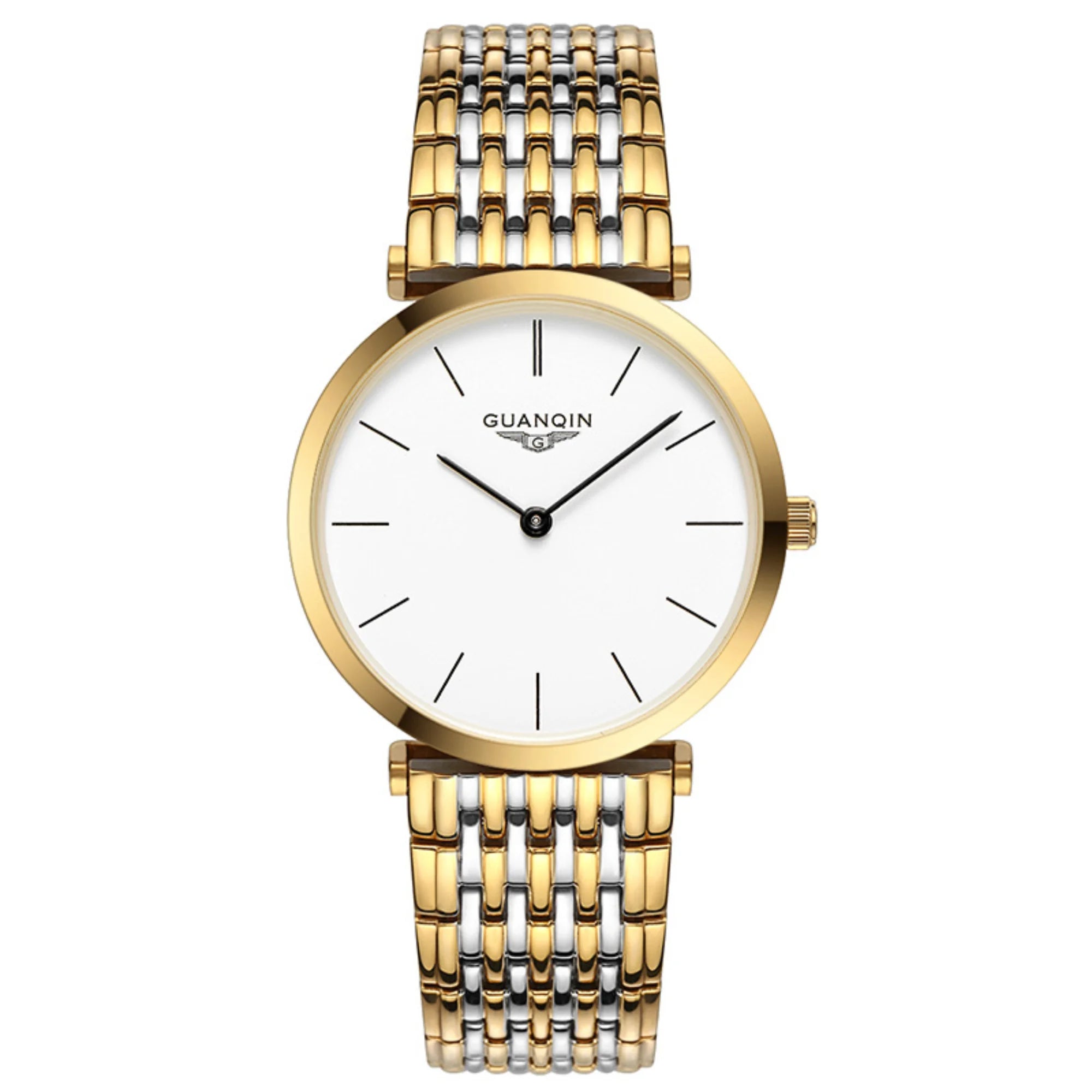 Uhr mit gold-silbernem Armband und weißen Zifferblatt mit römischen Zahlen.