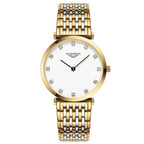 Zweifarbige Uhr mit goldenem Gehäuse und Zifferblatt mit Strasssteinen.