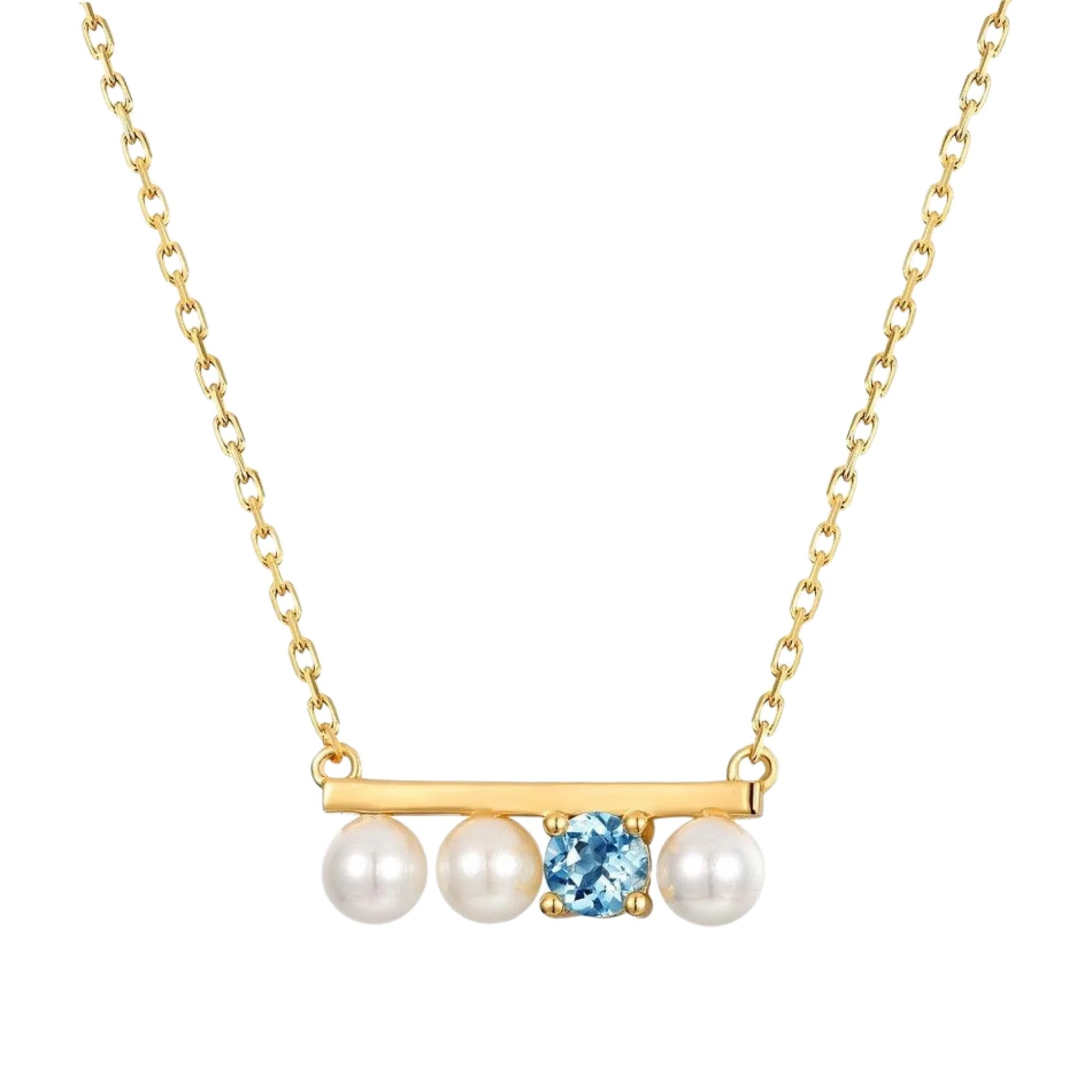 Goldene Kette mit drei Naturperlen und Sky Blue Topas in gerader Linienfassung