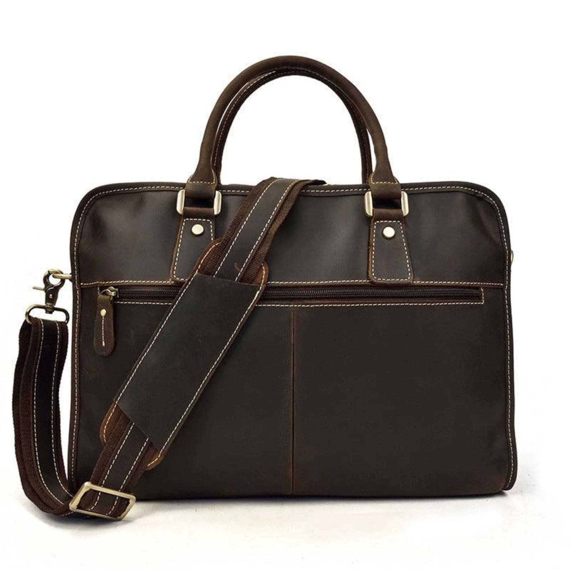 Rückseite der Tasche in Dark Walnut – klare Linien, Zipperfach, abnehmbarer Gurt und dezente Metallteile.