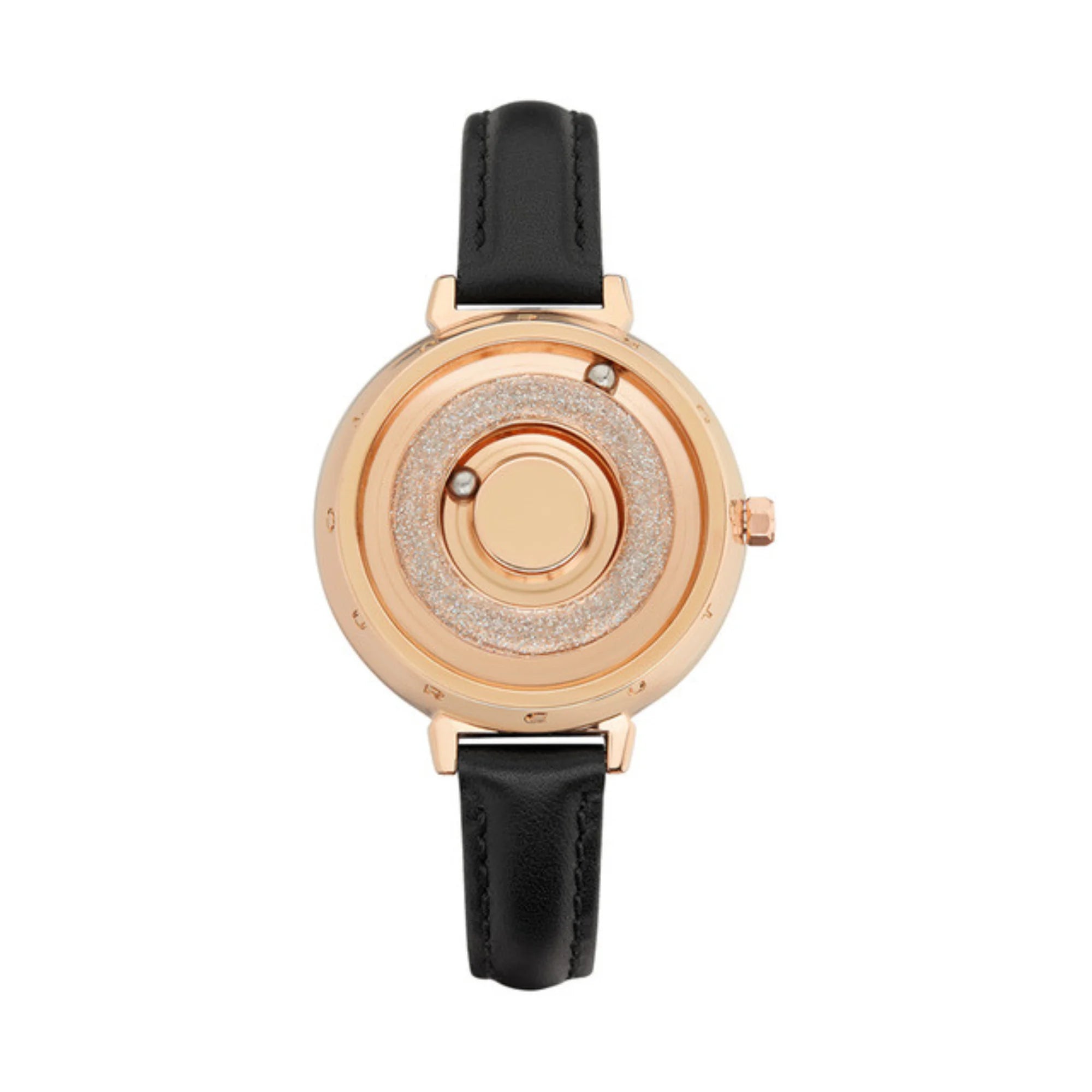 Magnetuhr in Roségold mit glitzerndem Innenring und schwarzem Lederband.