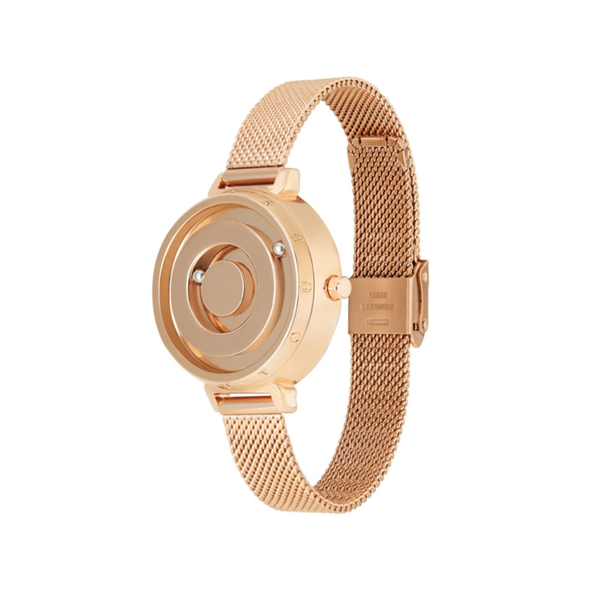 Roségoldene Magnetuhr mit schlichtem Gehäuse und feinem Mesharmband.