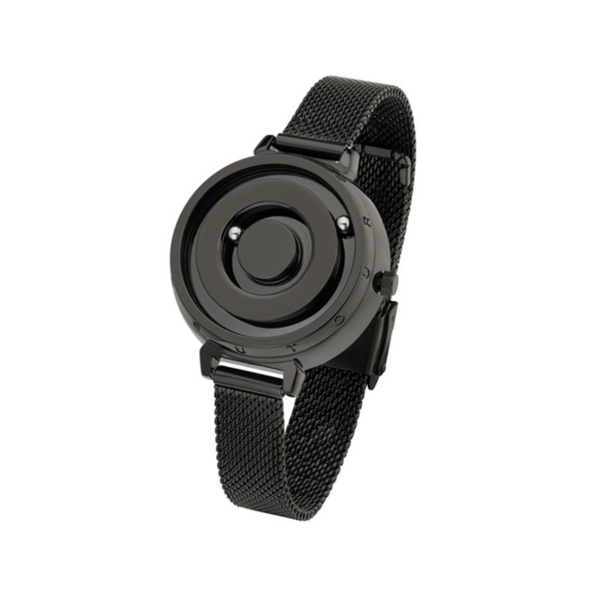 Schwarze Uhr mit magnetischer Zeitanzeige und schwarzem Mesharmband.