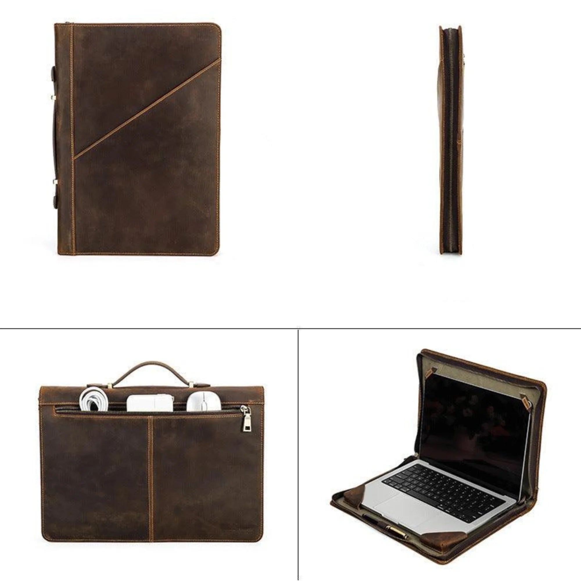 Leder-Laptoptasche in 14-Zoll-Größe – kompakt, strukturiert, mit Griff und rundumlaufendem Reissverschluss.