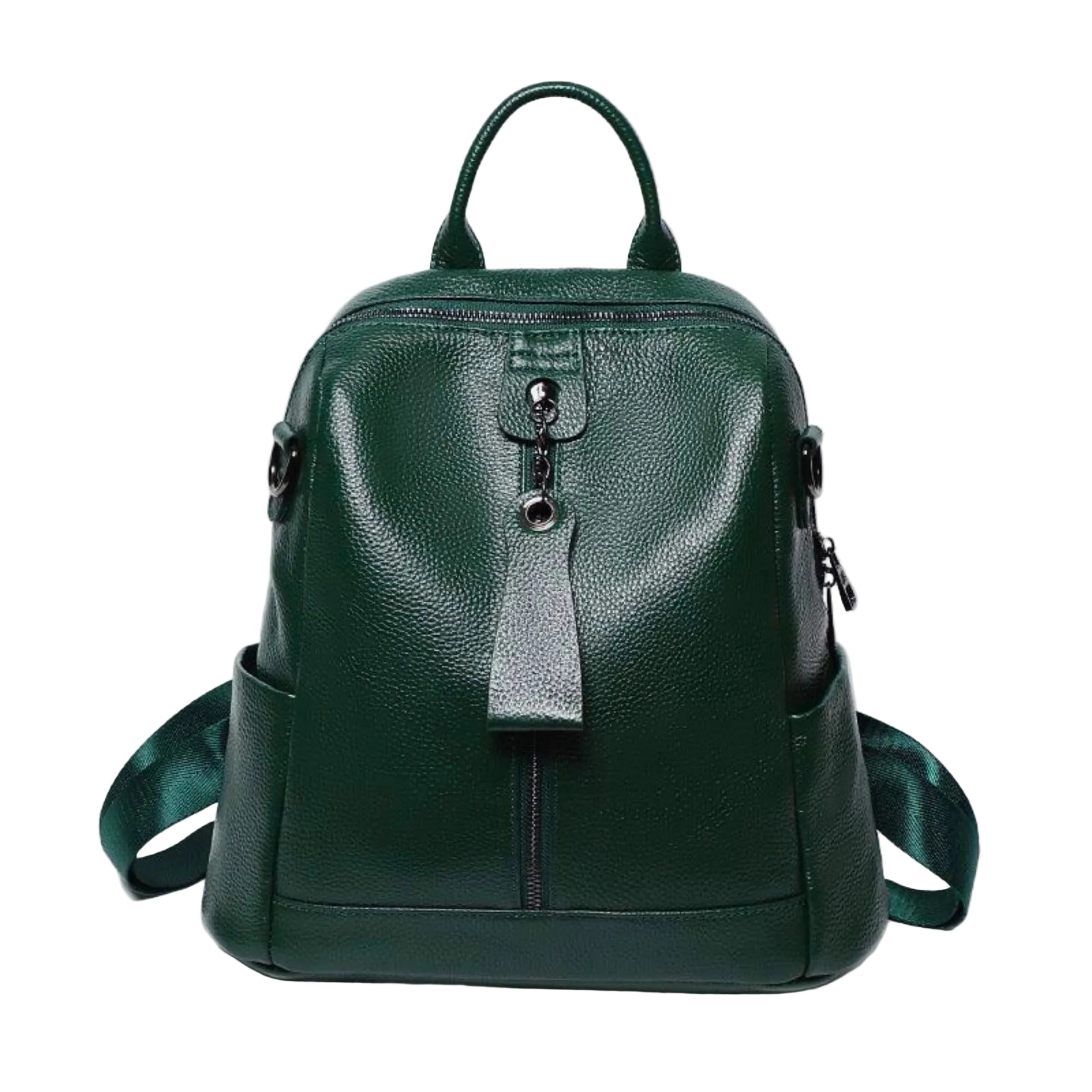 Dunkelgrüner Lederrucksack Central mit seitlichen Steckfächern