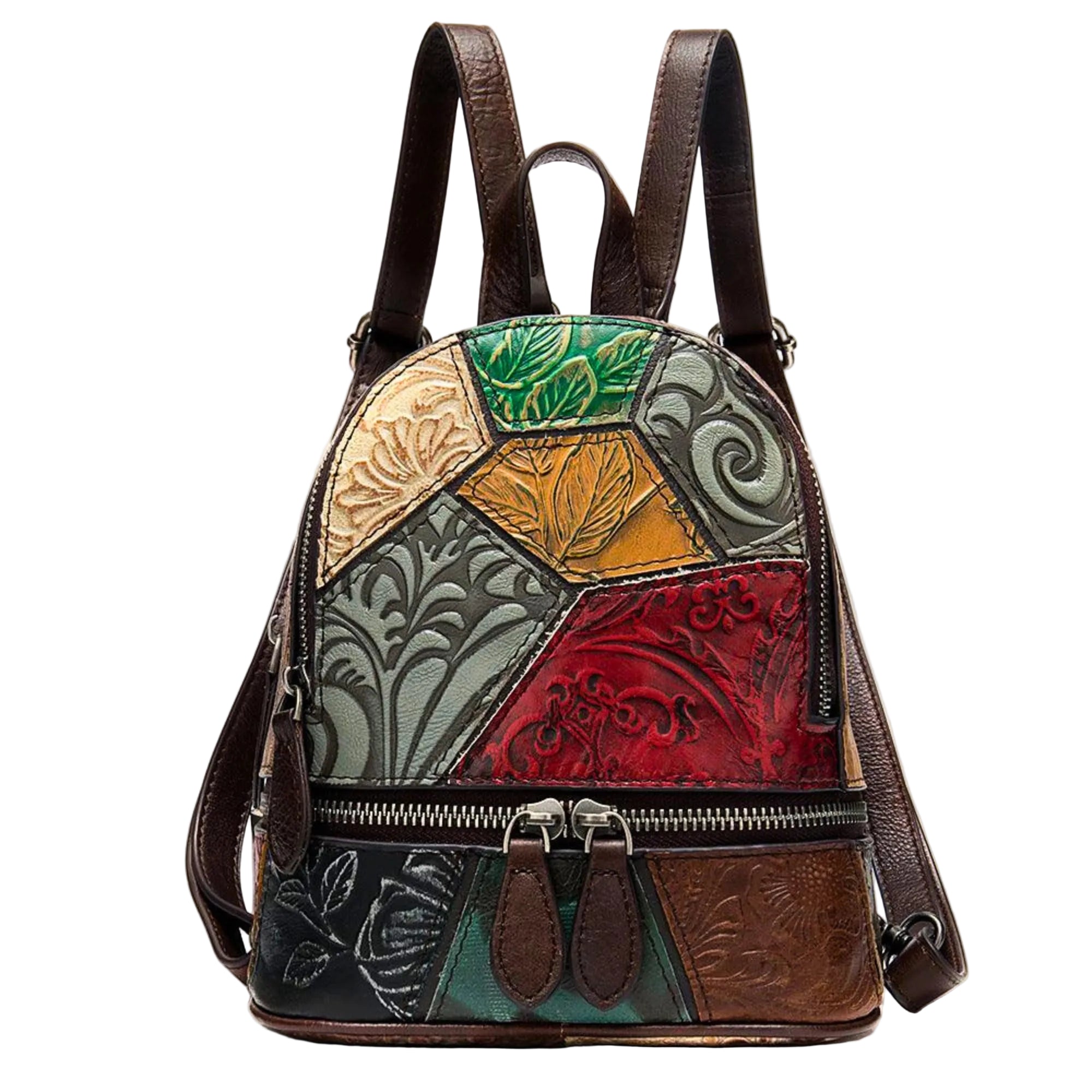 Bunter Damen Lederrucksack im Patchwork Design frontal