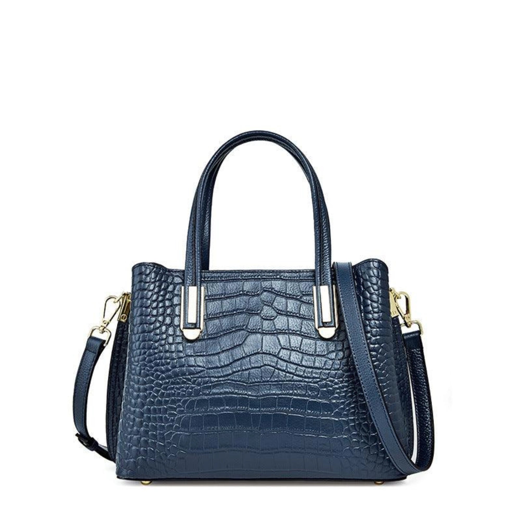 Tiefblaue Schultertasche mit Krokomuster – echtes Leder, klare Form und goldene Akzente für Business und Freizeit