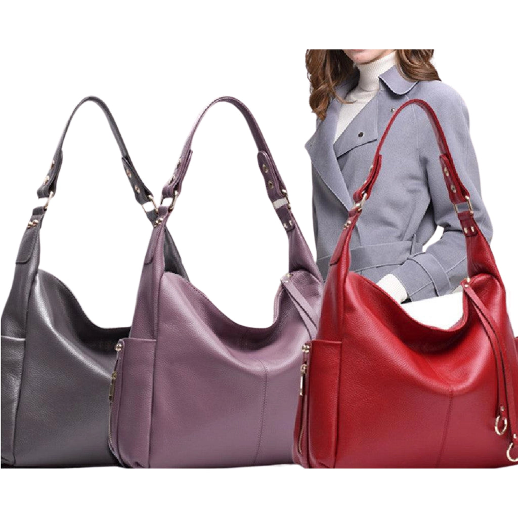 Echtleder Schultertasche in Schwarz, Bordeaux, Blau und Grau – getragen mit Mantel, geräumig und elegant