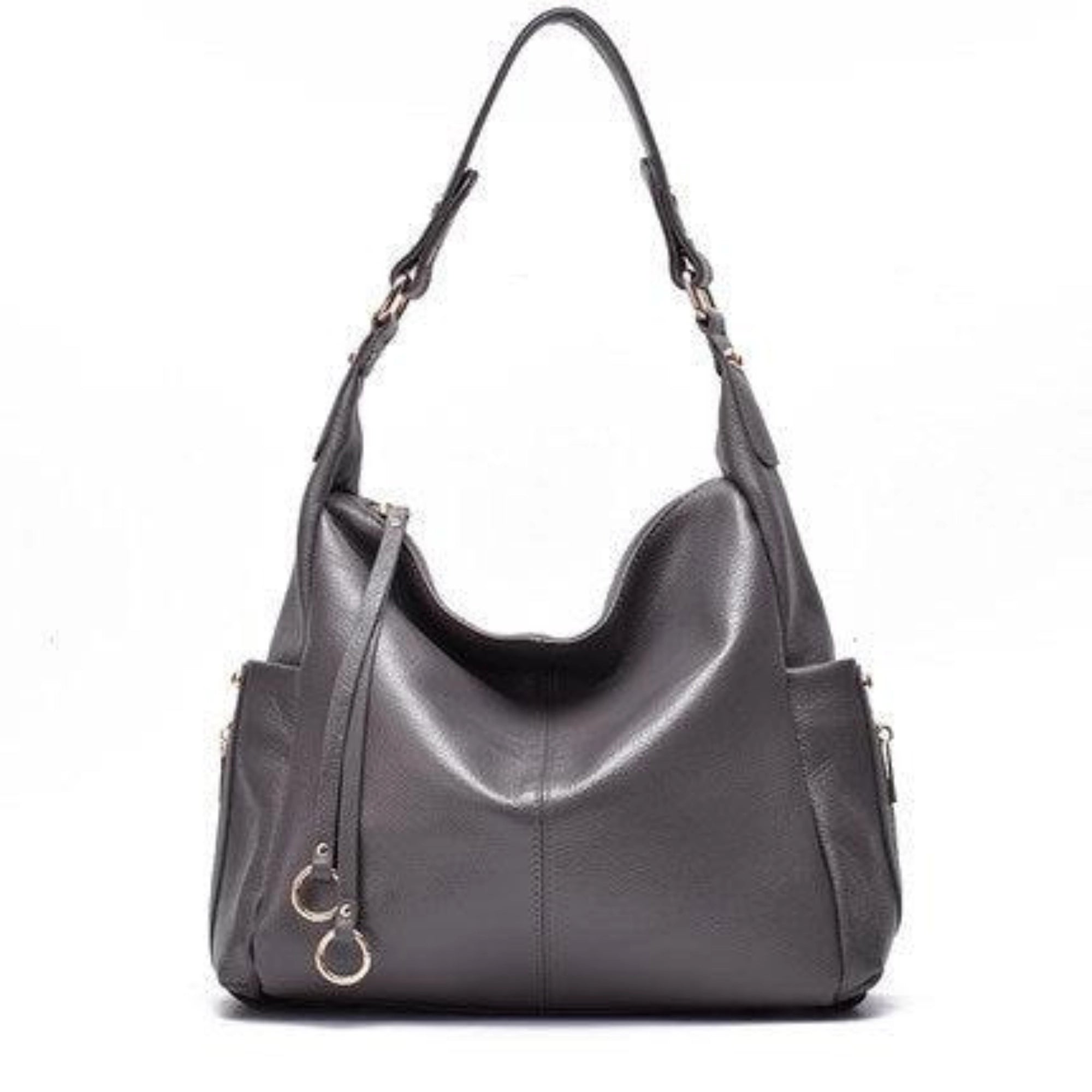 Graue Schultertasche aus echtem Leder – elegante Form mit stabiler Tragefläche und Reissverschluss
