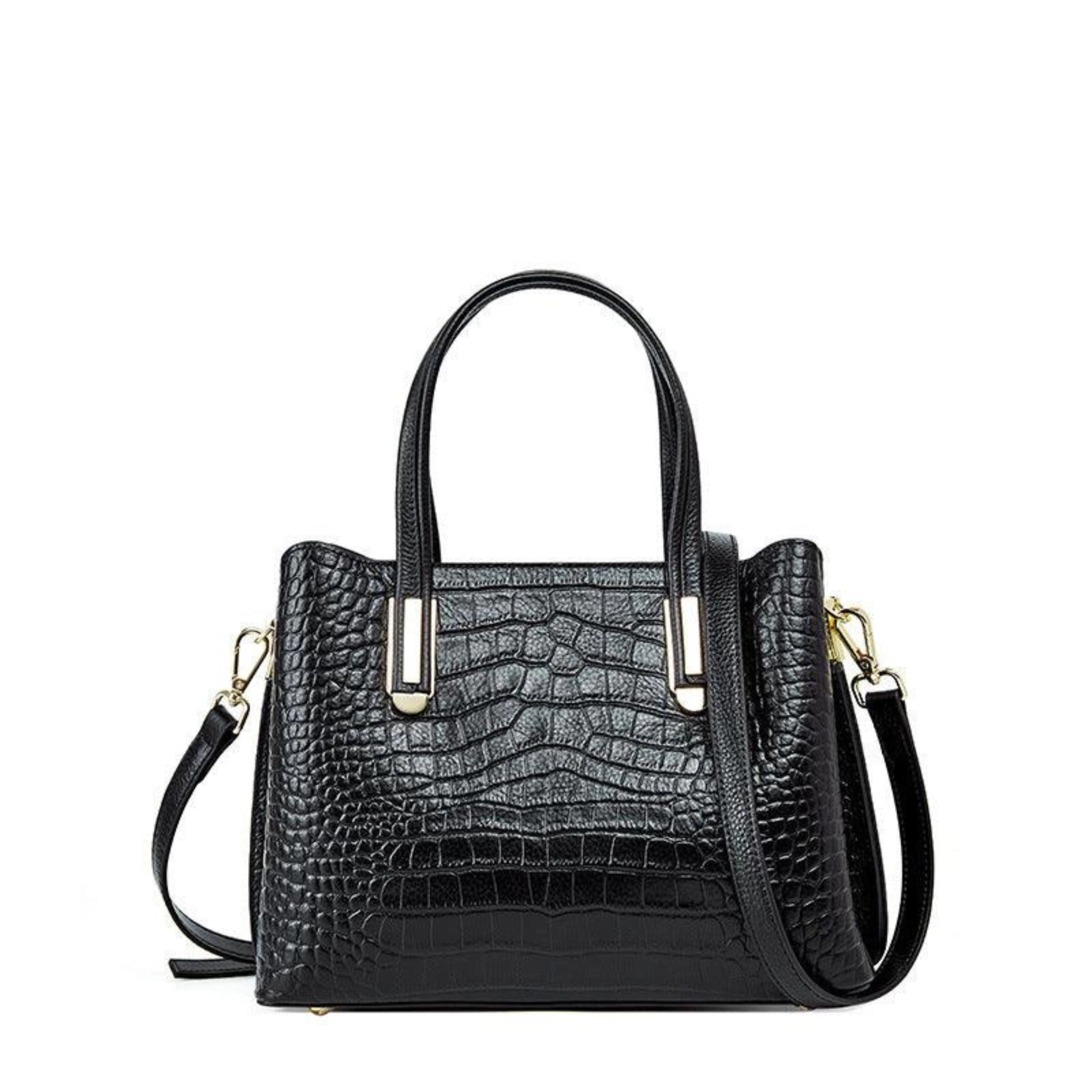 Klassische schwarze Leder-Schultertasche mit Kroko-Prägung – stilvoll, robust, strukturiert für Alltag und Office
