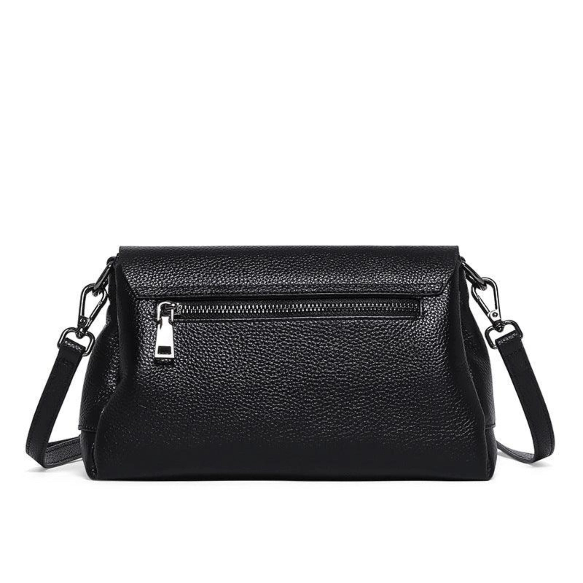 Schwarze Echtledertasche mit Reißverschlussfach auf der Rückseite – klare Linien, dezente Eleganz