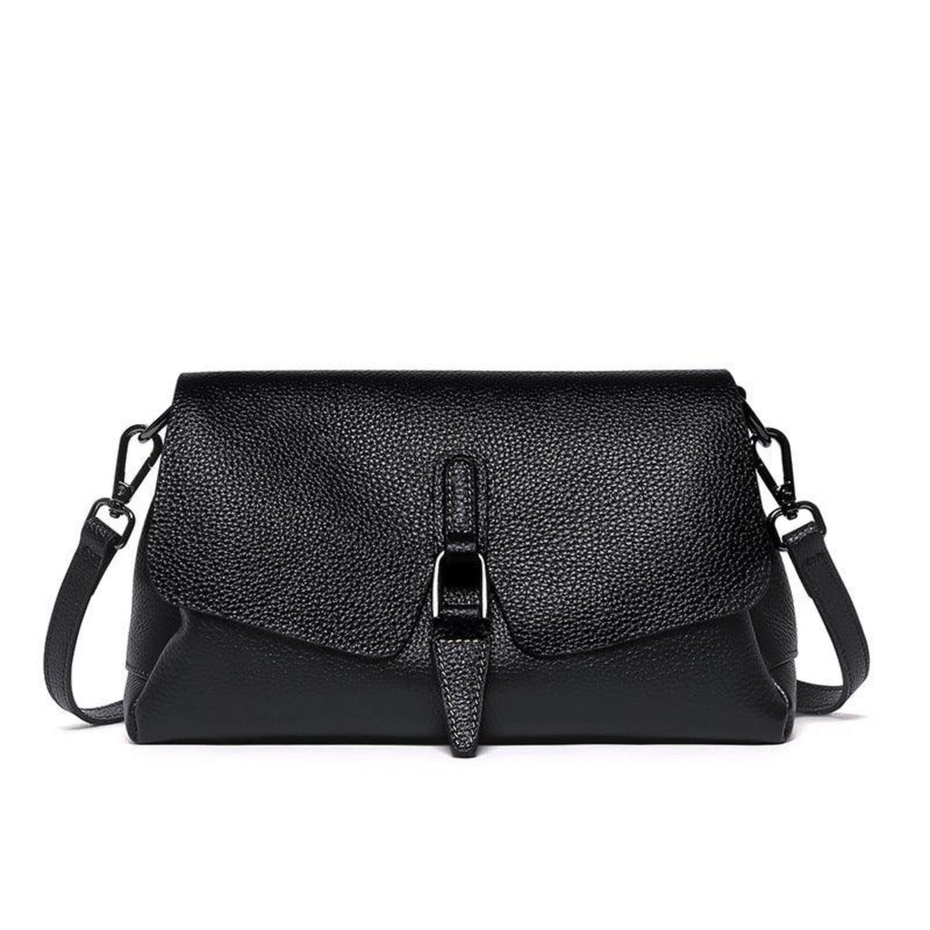 Echtleder Schultertasche in Noir Black – weiches Leder, strukturierter Look, 3 Fächer und Steckverschluss