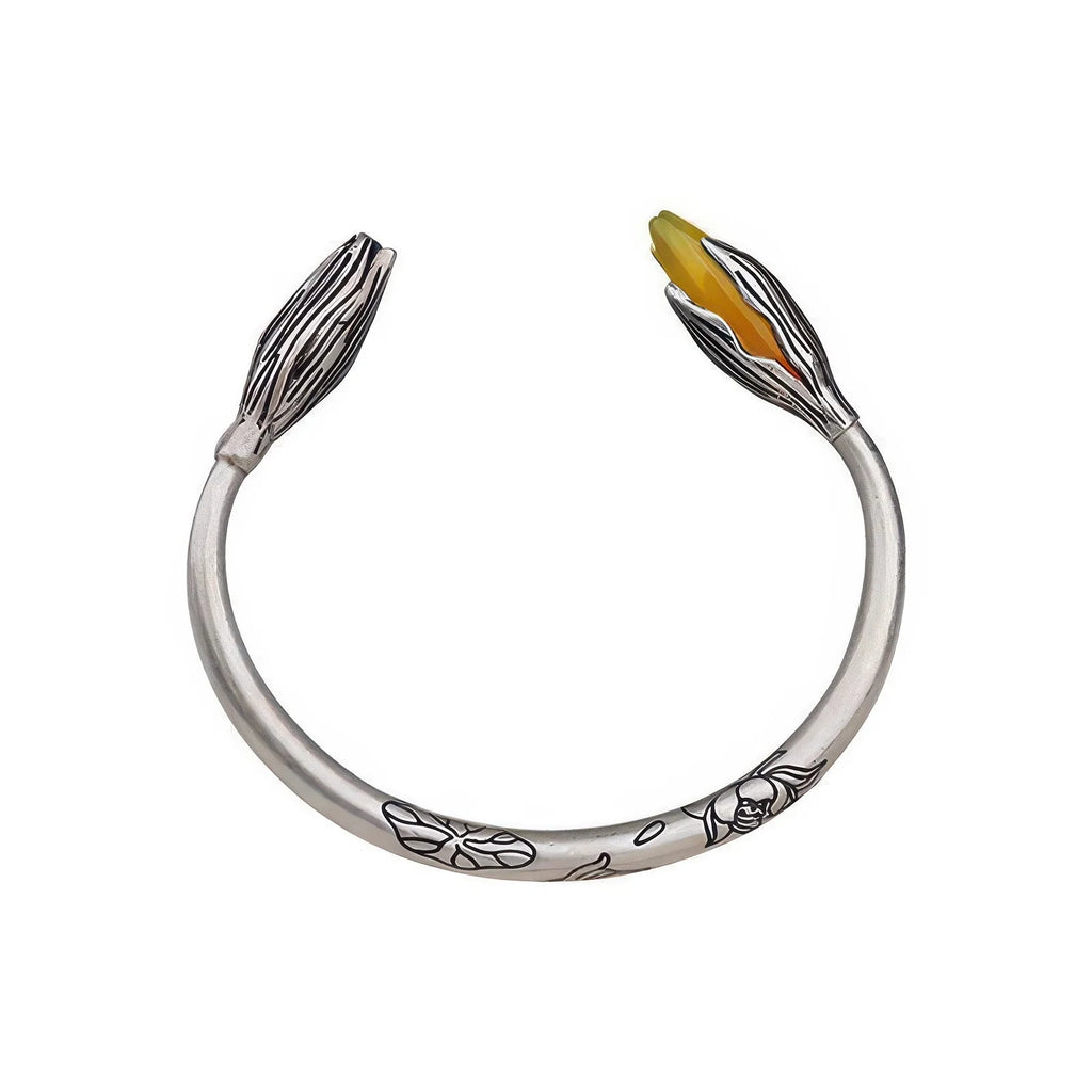 Silberner Armreif mit Lotusblatt und Edelstein – 925 Sterling Silber, fest, elegant und bedeutungsvoll