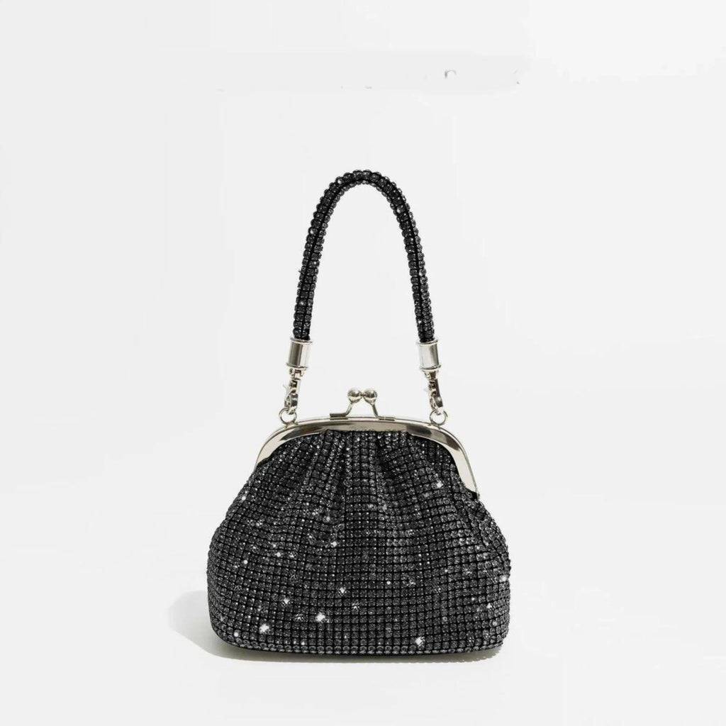Strassbag in Noir Crystal – elegante Henkelform mit Glanzbesatz und silberner Rahmenfassung