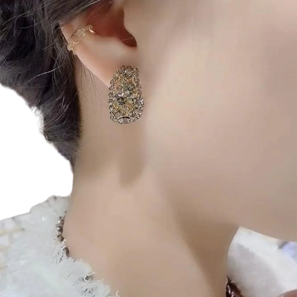 Ohrstecker mit grauem Kristallmuster – kompakt geführt, technisch montiert