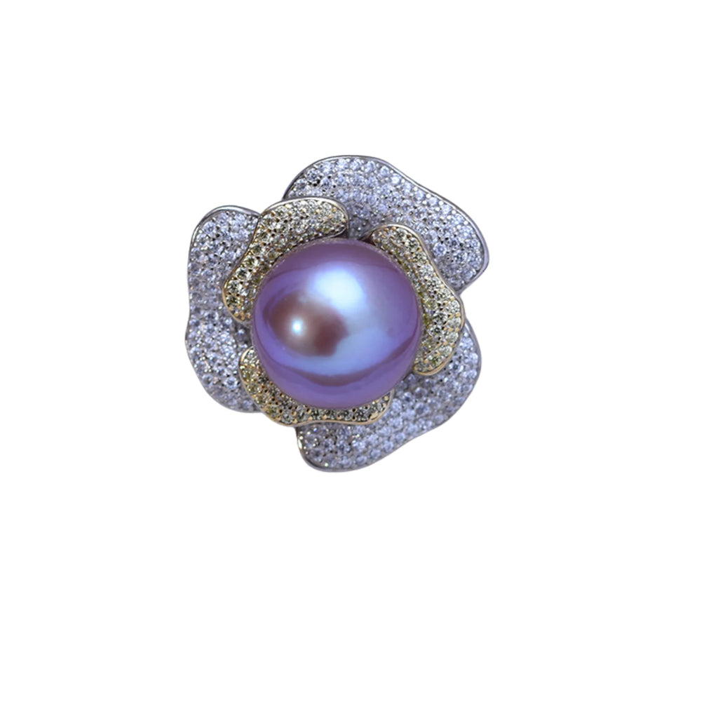 Obenansicht eines Blütenrings mit violetter Perle, S925 Silber glänzend gefasst