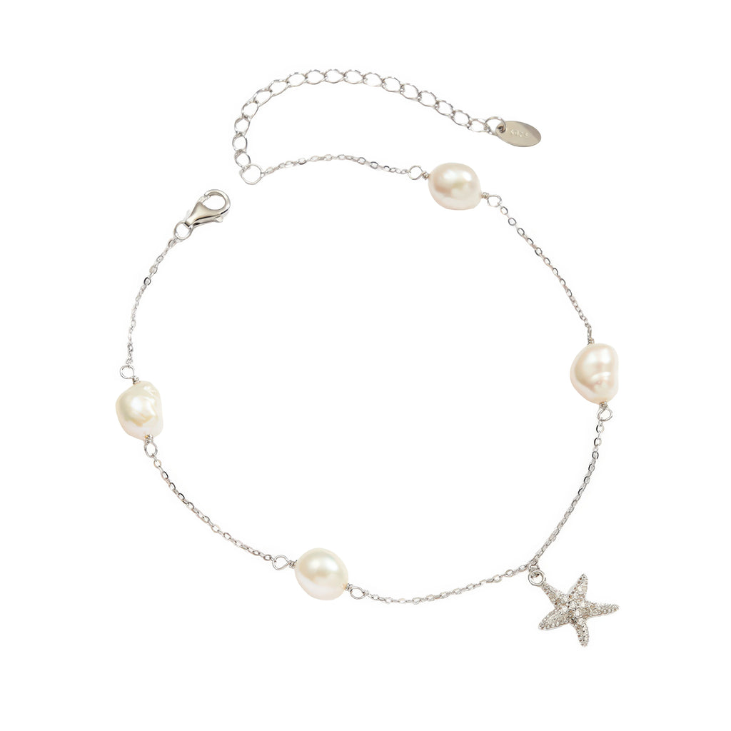 Fusskettchen Damen aus 925 Sterling Silber mit flachem Stern und Naturperlen