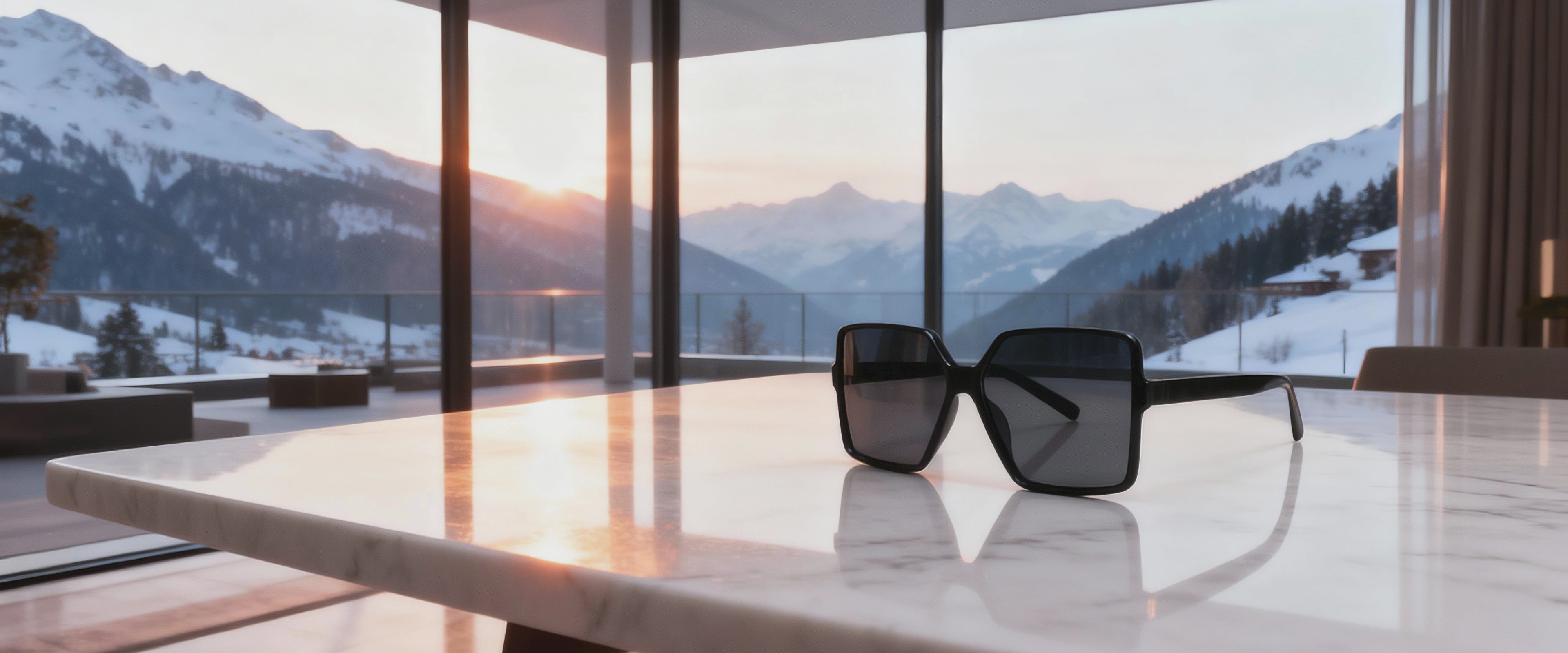 Ruhiger Hero-Clip auf Marmor­tisch mit Sonnenbrille, Tasche, Halskette, Armreif und Perlenkette in einem Schweizer Penthouse – Bodison Produktübersicht.