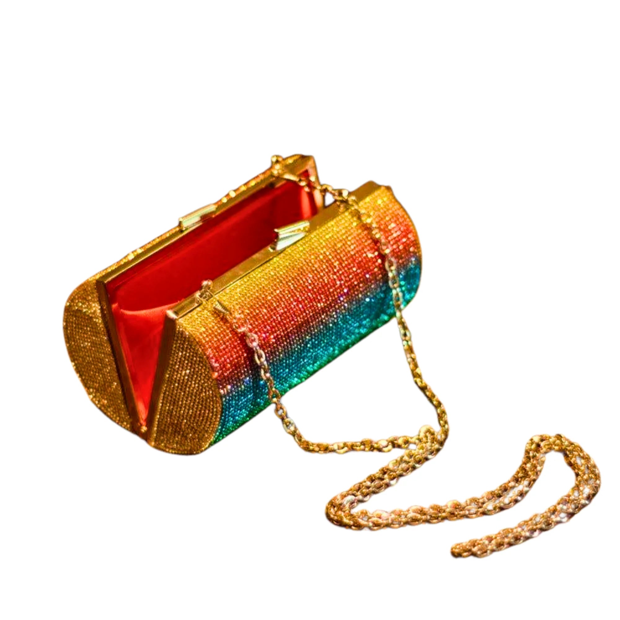 Innenansicht der Clutch mit goldener Kette – auffällig rot gefüttert
