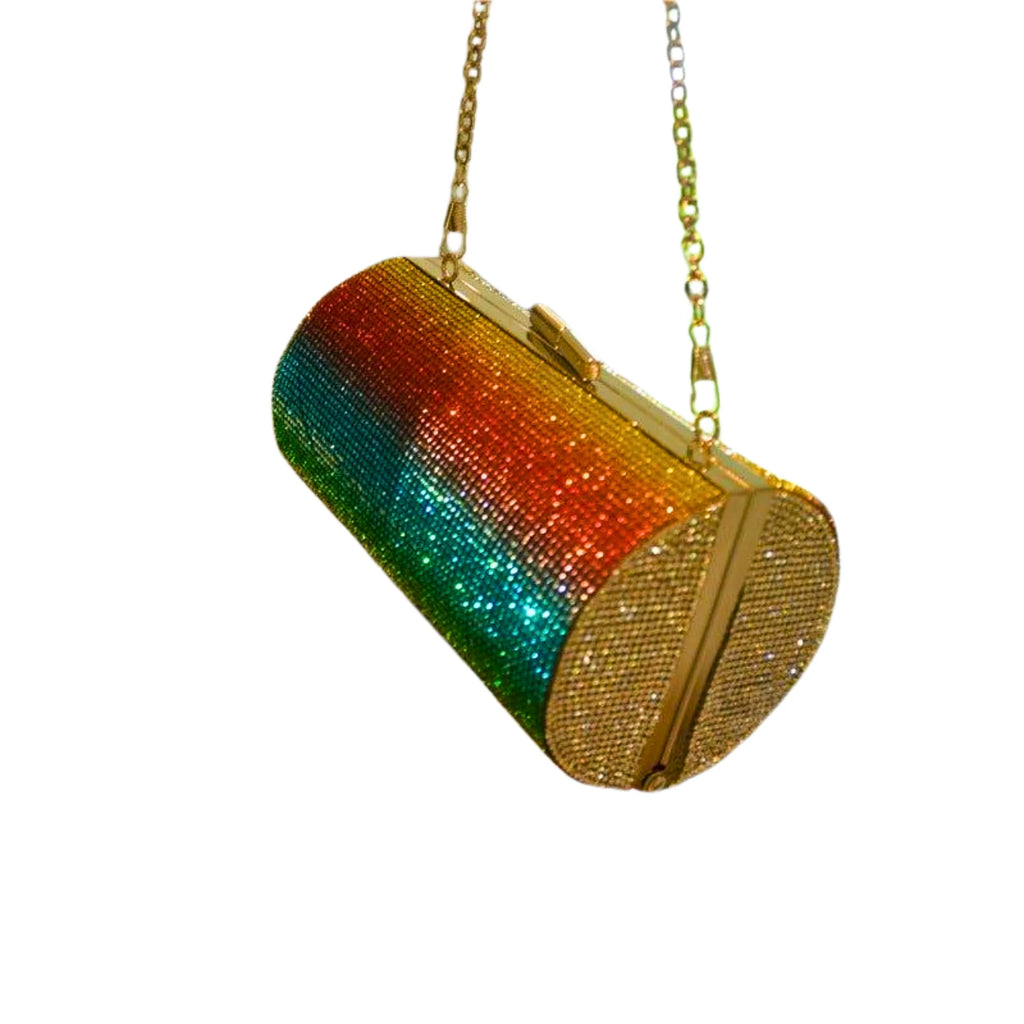 Clutch hängend mit Kette – funkelnder Rainbow Fade von Gelb bis Türkis