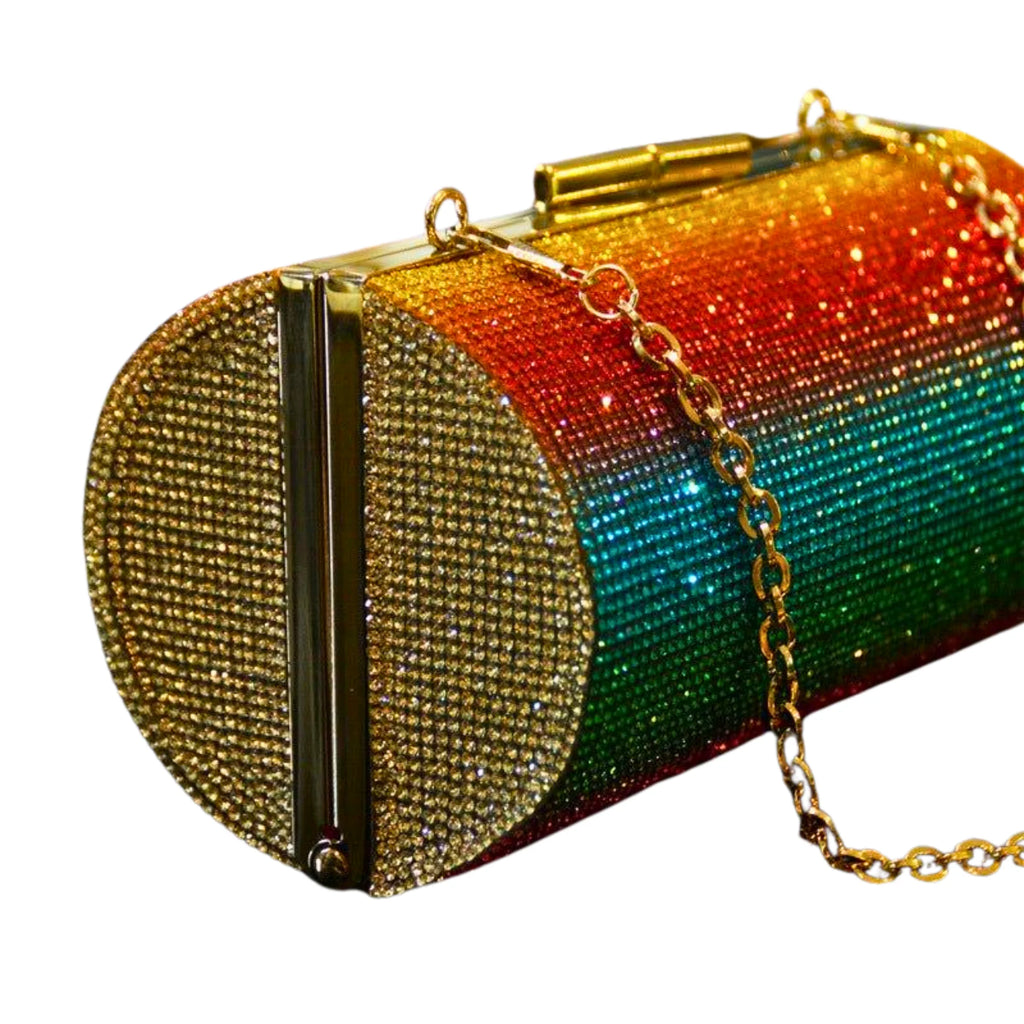 Runde Clutch mit Strassverlauf in Regenbogenfarben – auffällig, luxuriös, formstark